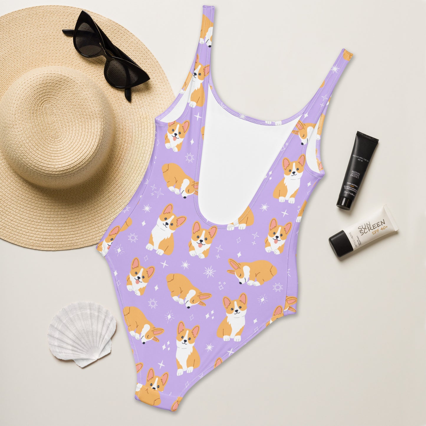 Women's Purple Corgi Dog Buttery Soft Swimsuit With UPF 50+