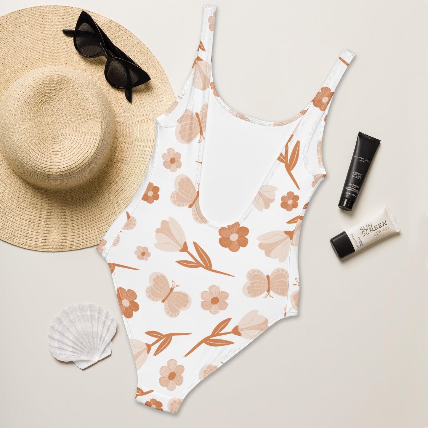 Women's Earth-Tone Butterfly And Floral Buttery Soft Swimsuit With UPF 50+