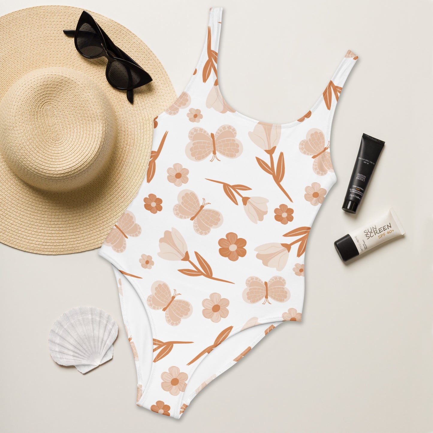 Women's Earth-Tone Butterfly And Floral Buttery Soft Swimsuit With UPF 50+
