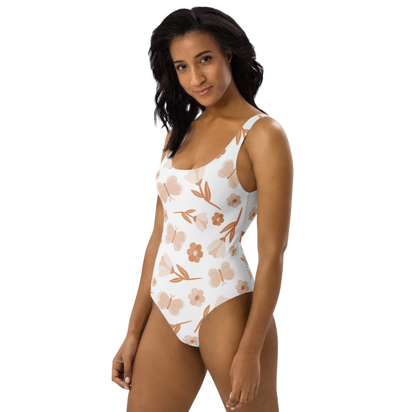 Women's Earth-Tone Butterfly And Floral Buttery Soft Swimsuit With UPF 50+