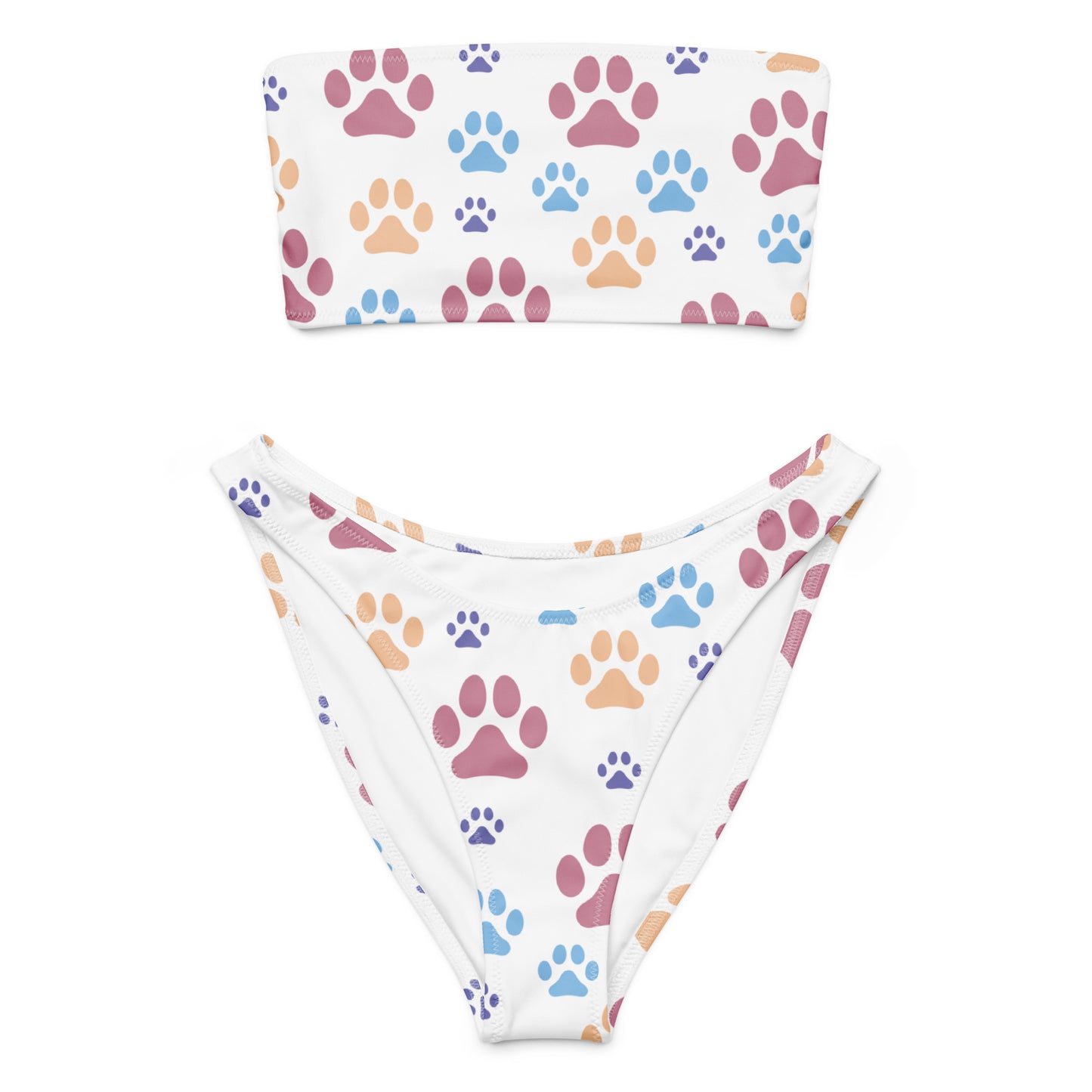 Women's Colorful Paw Prints Recycled Bandeau Bikini - Quick Drying Fabric With UPF 50+