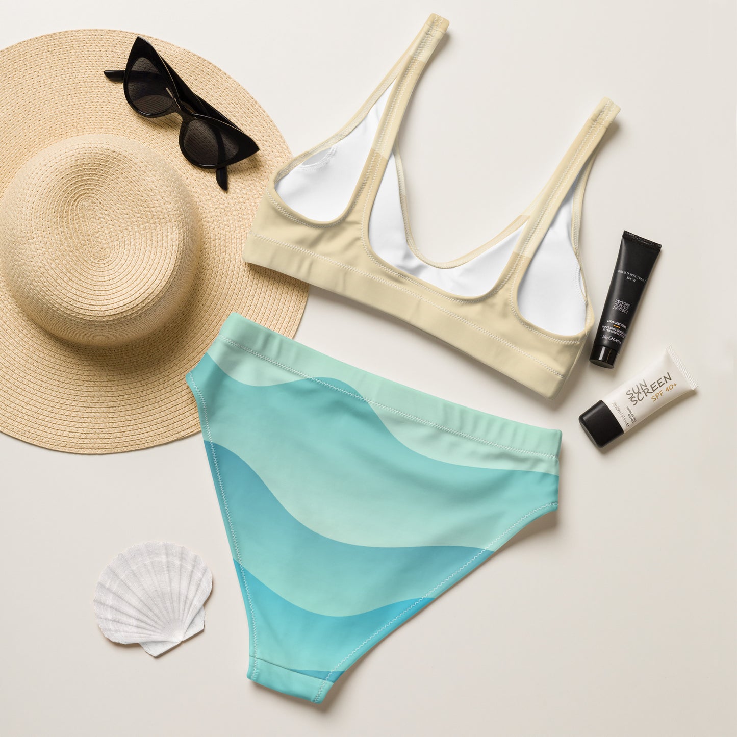 Women's Cream & Aqua Wavy Padded Recycled Bikini - Quick Drying Fabric With UPF 50+