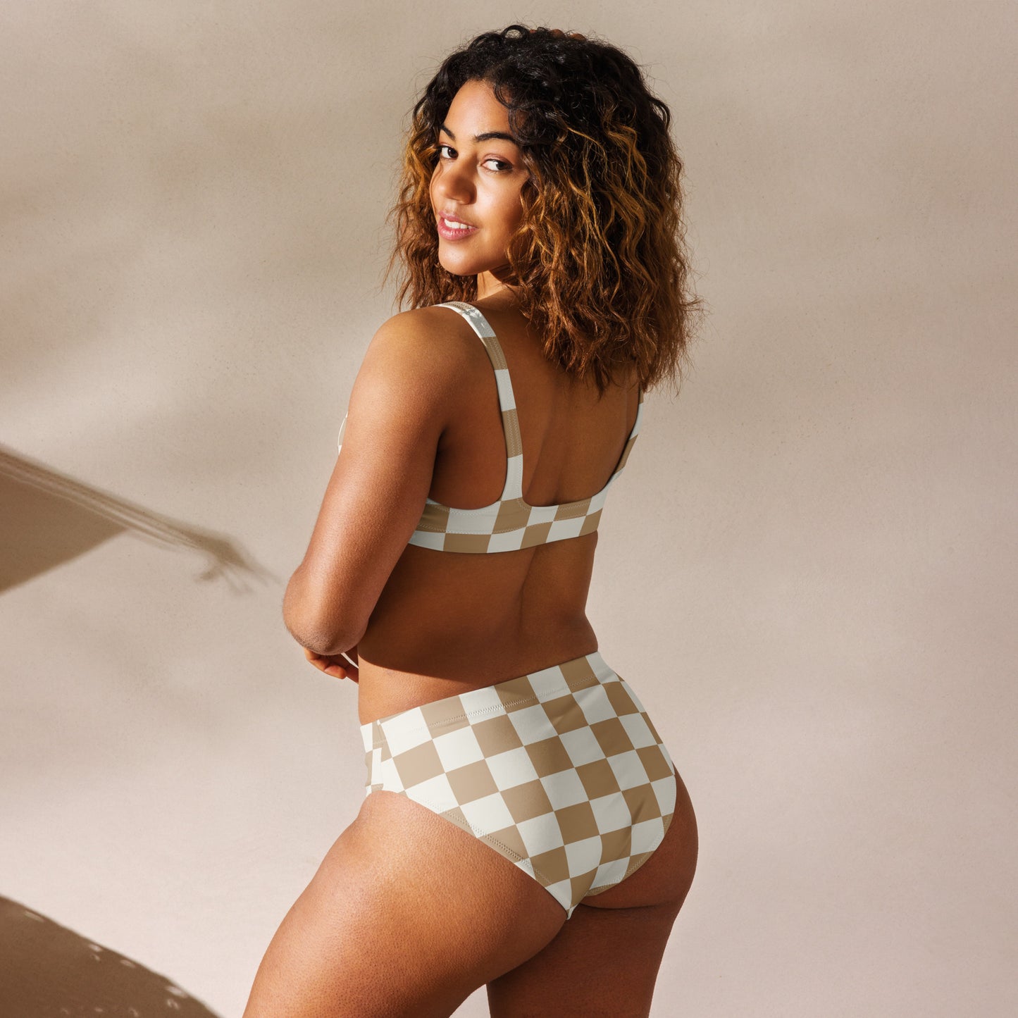 Women's Beige Checkerboard Padded Recycled Bikini - Quick Drying Fabric With UPF 50+
