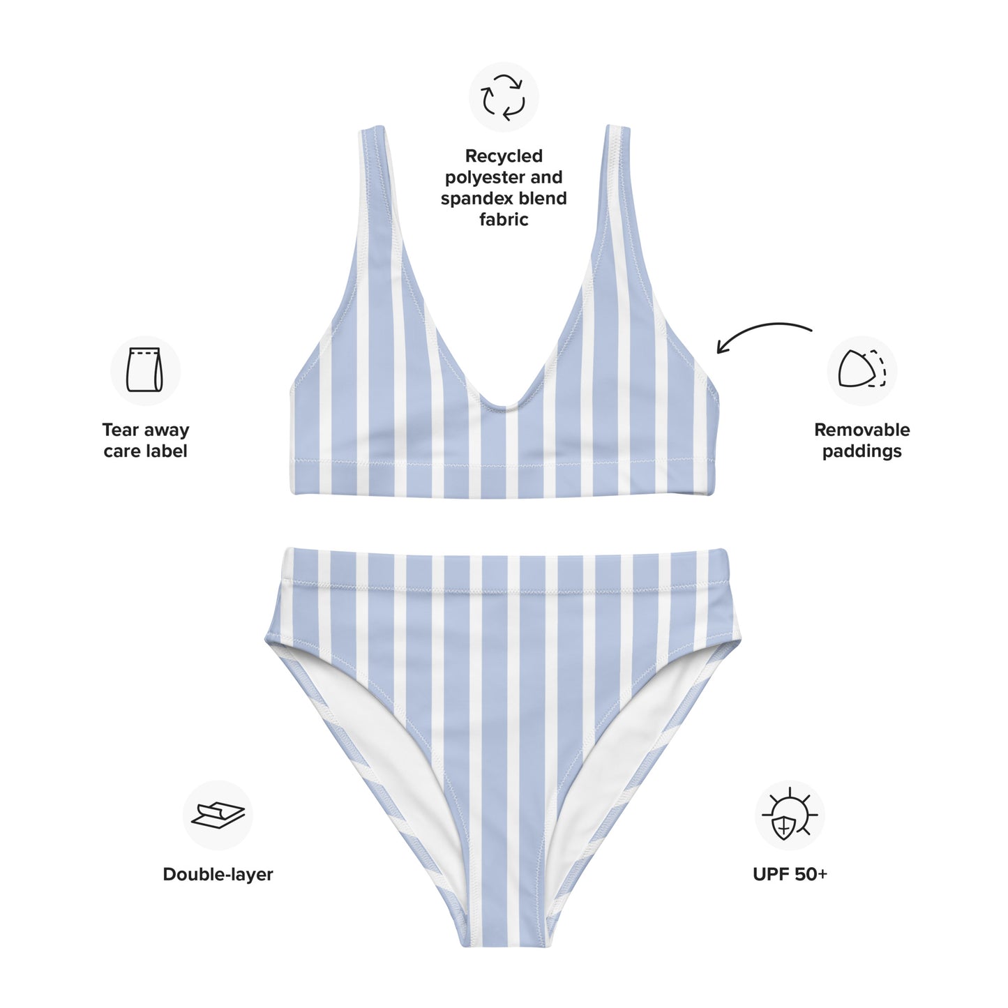 Women's Blue & White Striped Padded Recycled Bikini - Quick Drying Fabric With UPF 50+