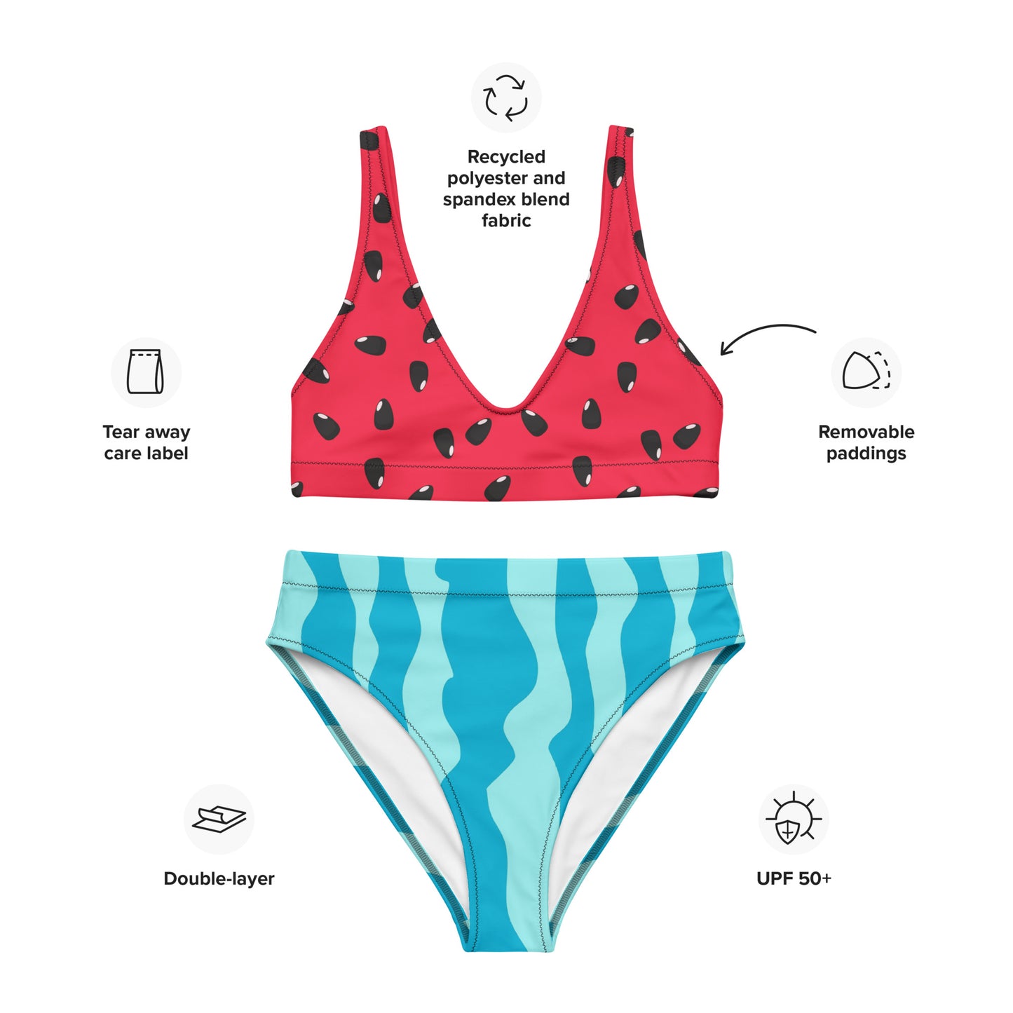 Women's Watermelon Padded Recycled Bikini - Quick Drying Fabric With UPF 50+