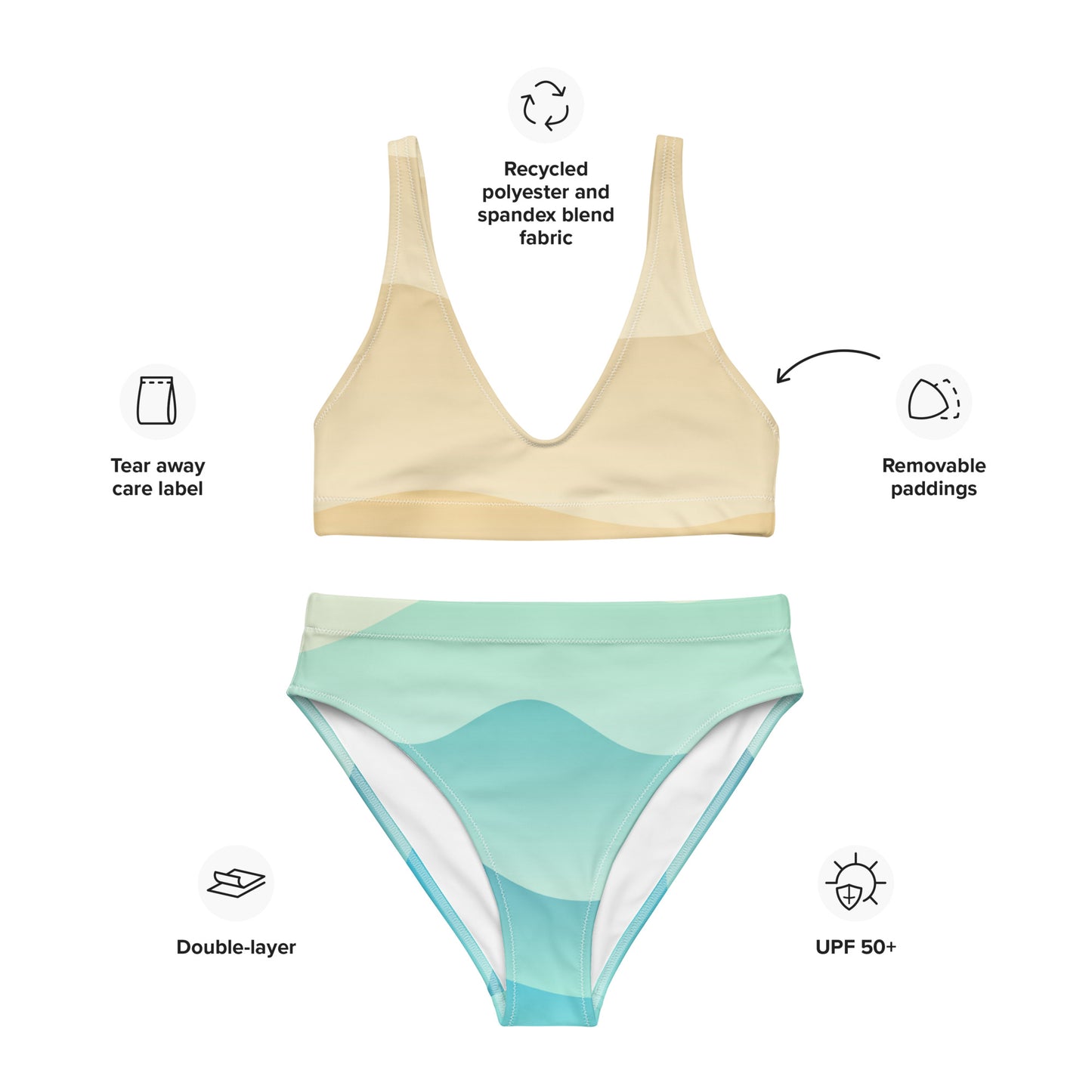 Women's Cream & Aqua Wavy Padded Recycled Bikini - Quick Drying Fabric With UPF 50+