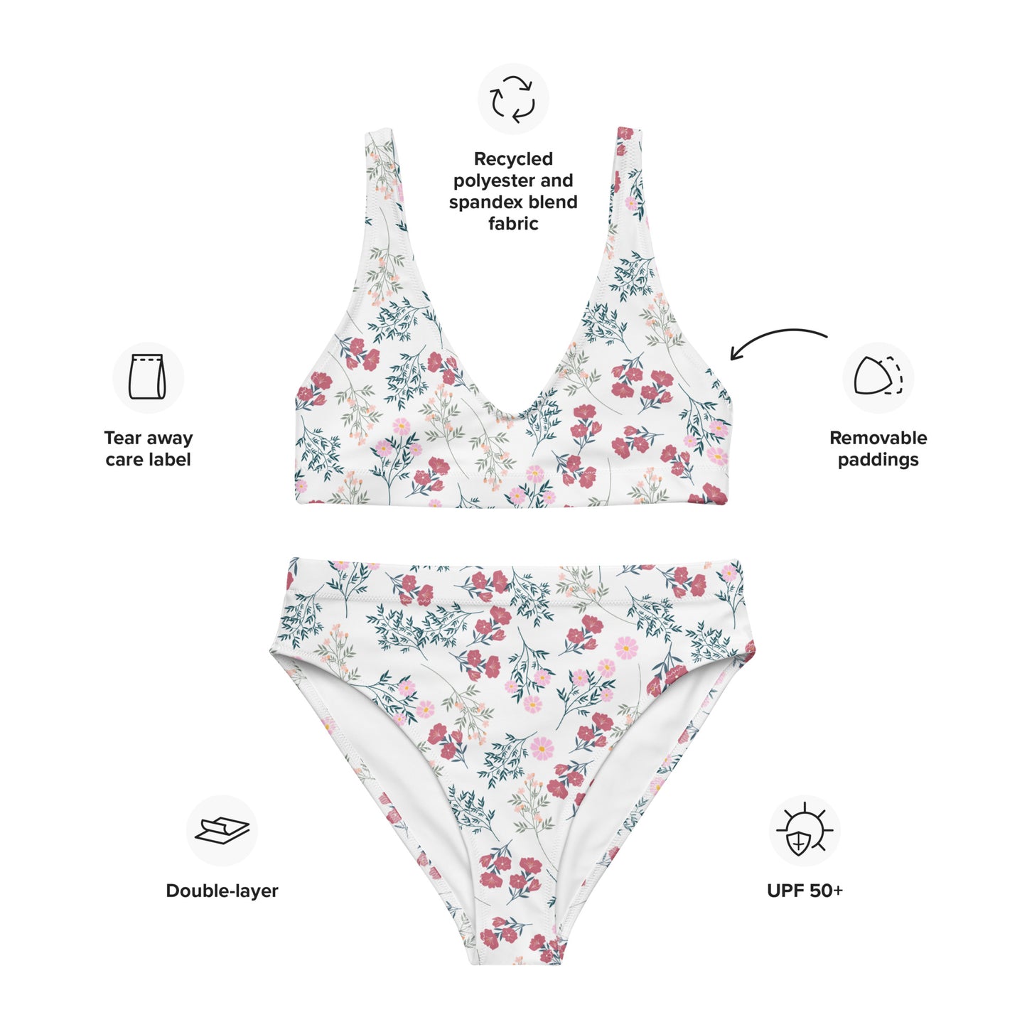 Women's White Vintage Floral Padded Recycled Bikini - Quick Drying Fabric With UPF 50+
