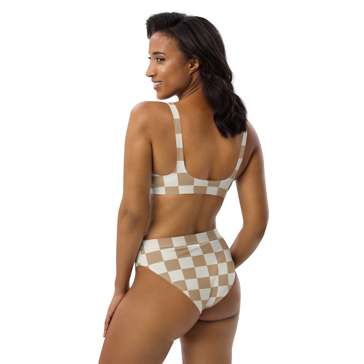 Women's Beige Checkerboard Padded Recycled Bikini - Quick Drying Fabric With UPF 50+