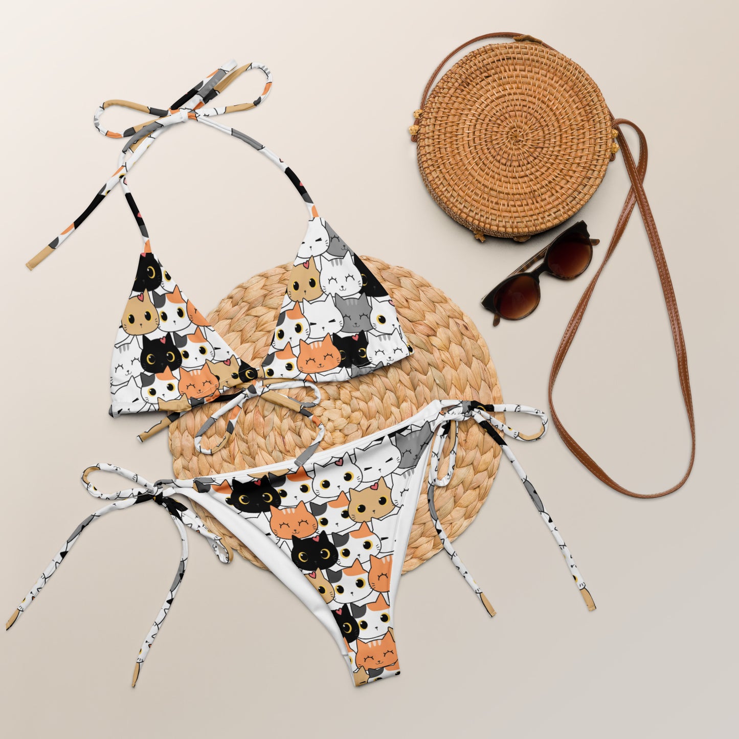 Women's Cat Face Buttery Soft Recycled String Bikini With UPF 50+