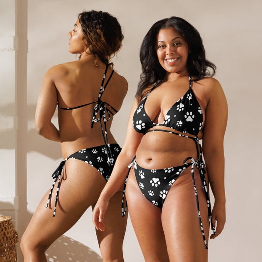 Women's Black Paw Print Buttery Soft Recycled String Bikini With UPF 50+