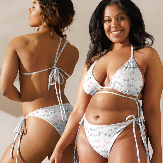 Women's Cat Paw Prints And Whiskers Buttery Soft Recycled String Bikini With UPF 50+
