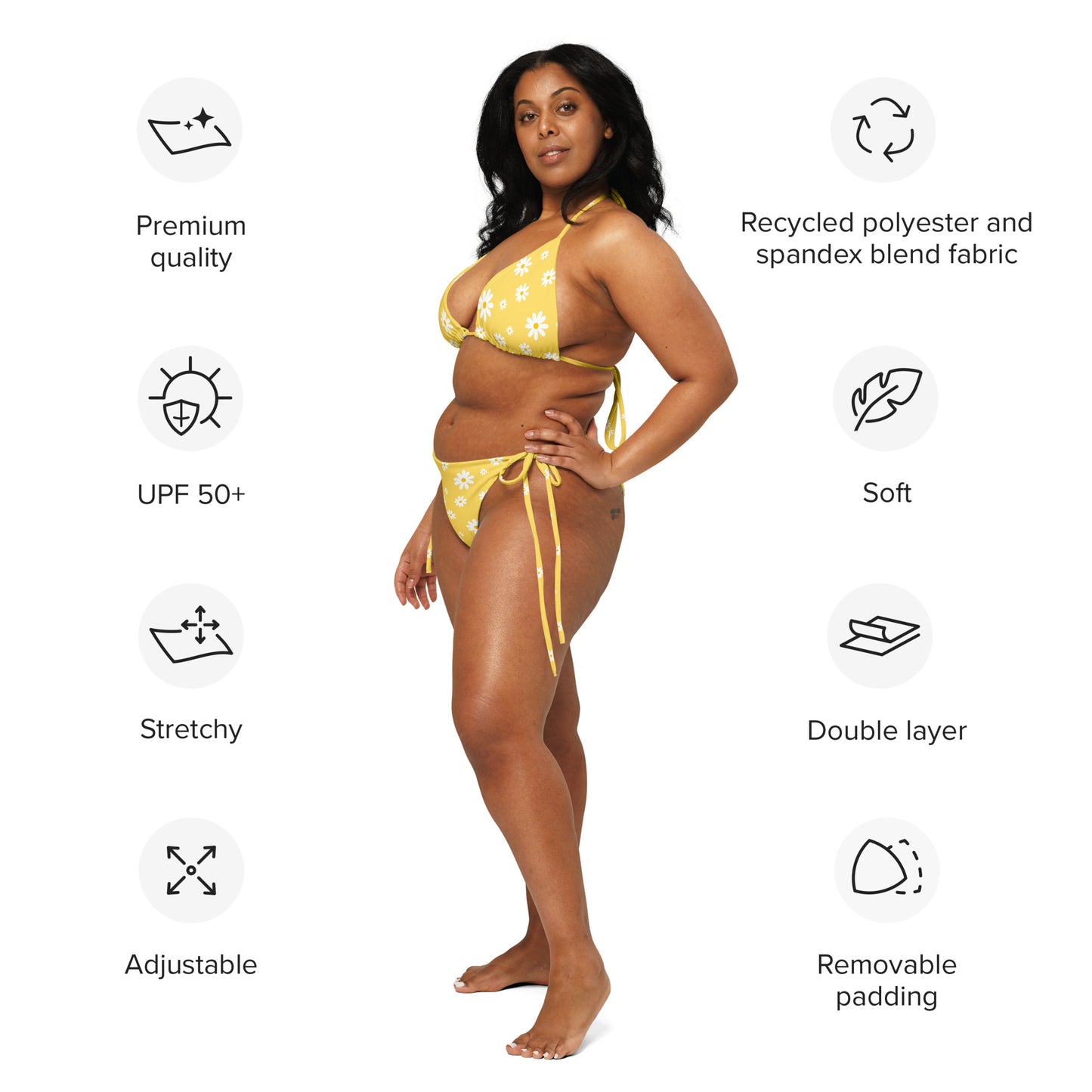 Women's Yellow Daisy Buttery Soft Recycled String Bikini With UPF 50+