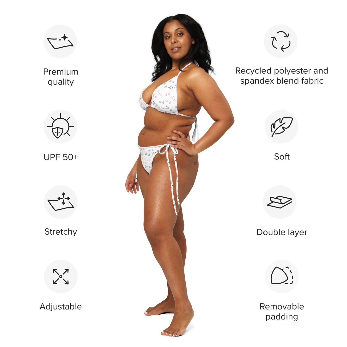 Women's Cat Paw Prints And Whiskers Buttery Soft Recycled String Bikini With UPF 50+