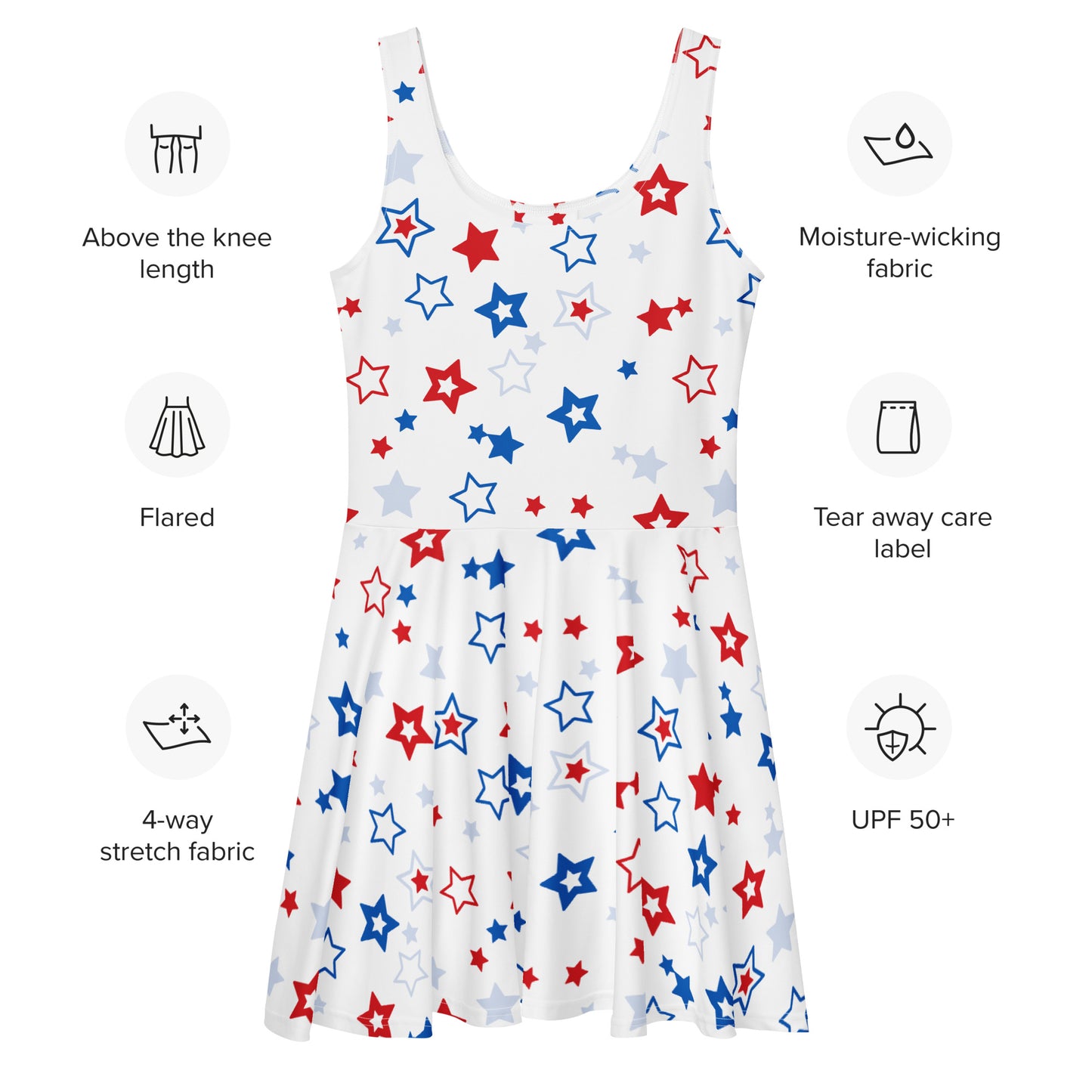 Women's Red White & Blue Stars Buttery Soft Skater Dress With UPF 50+