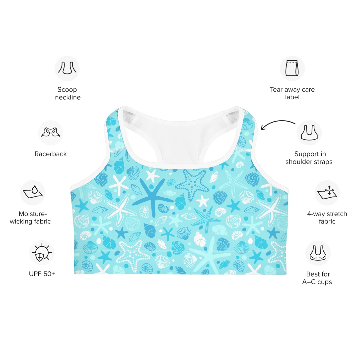 Women's Starfish and Shells Quick Drying Sports Bra