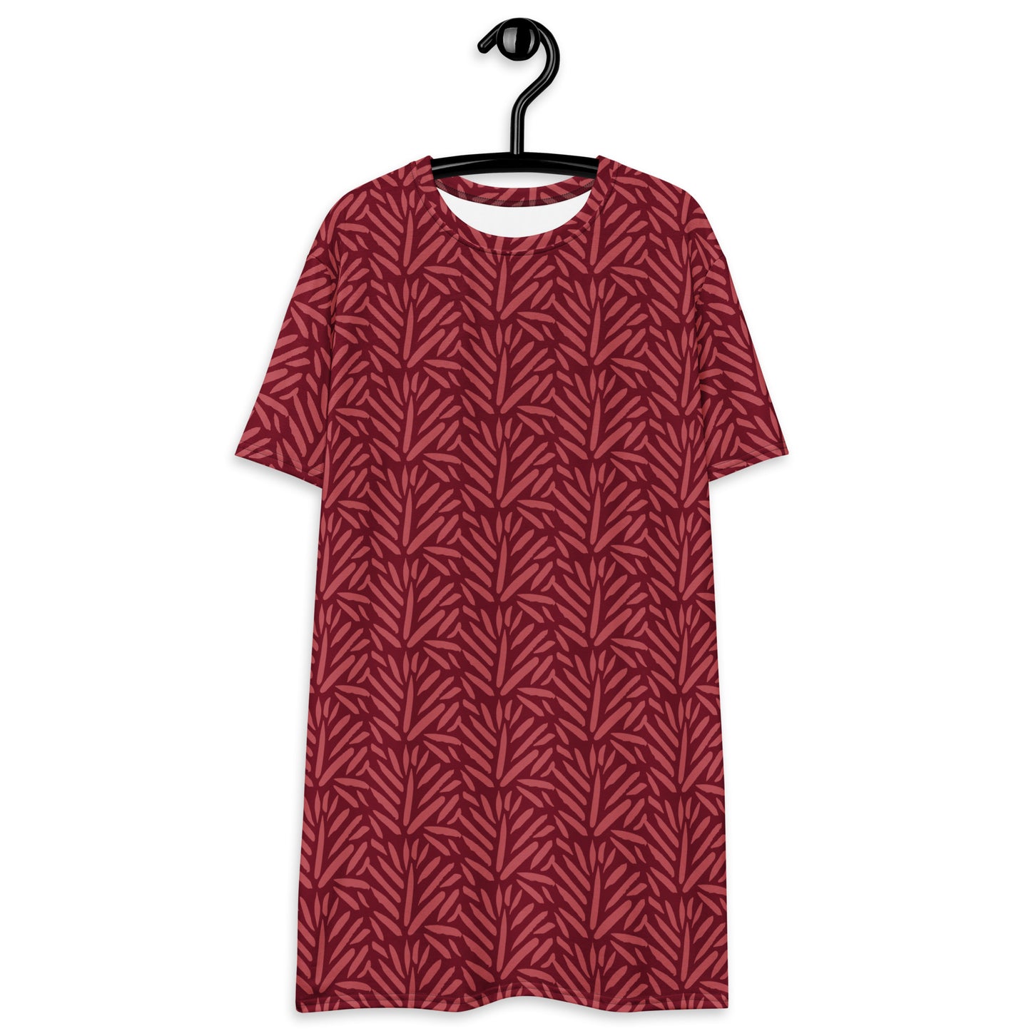 Women's Maroon Leaf Pattern T-Shirt Dress