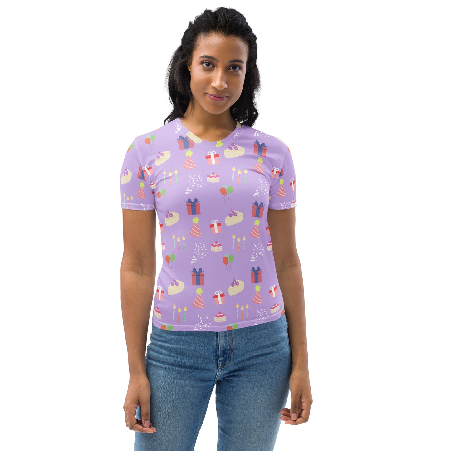 Women's Purple Birthday Party T-Shirt – Soft Stretch Jersey Tee