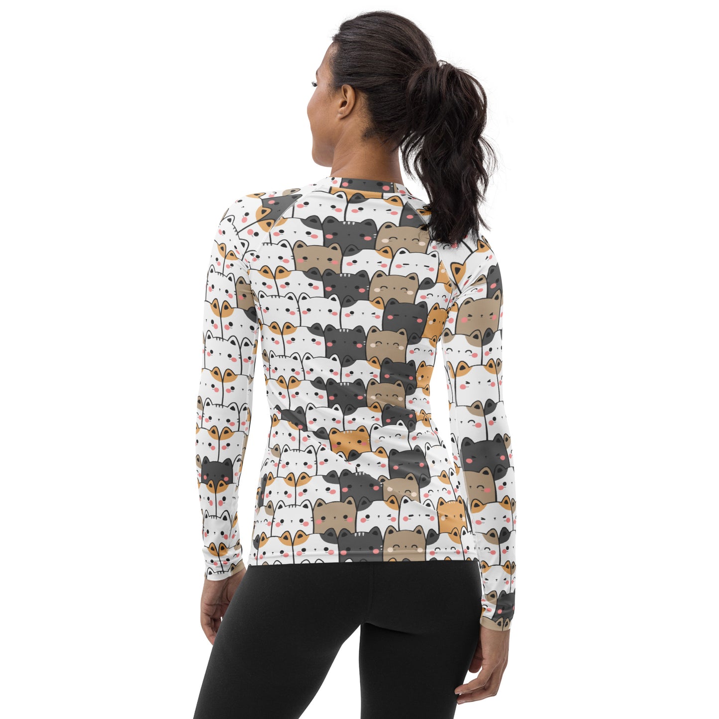 Women's Kawaii Cat Face Buttery Soft Long Sleeve Rash Guard Swim Shirt With UPF 50+