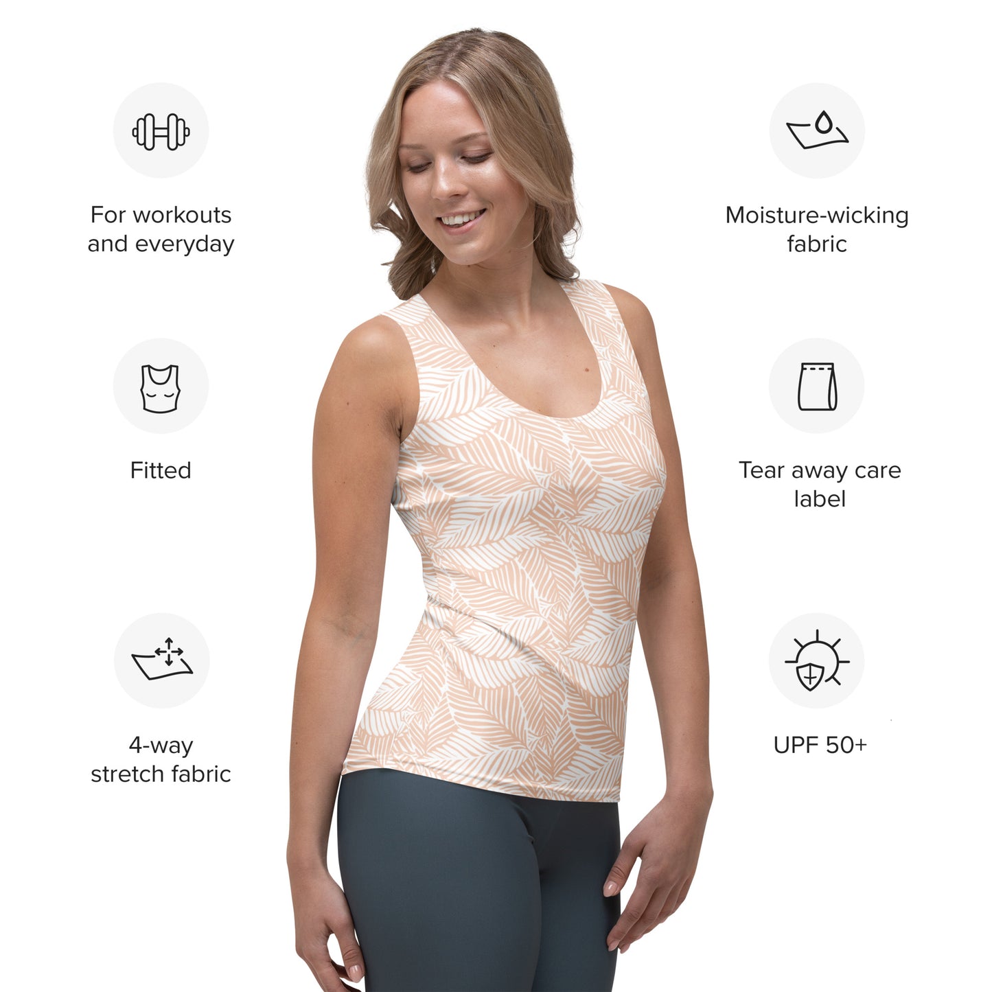 Women's Beige Palm Leaf Tank Top - Quick Drying, Buttery Soft Fabric With UPF 50+