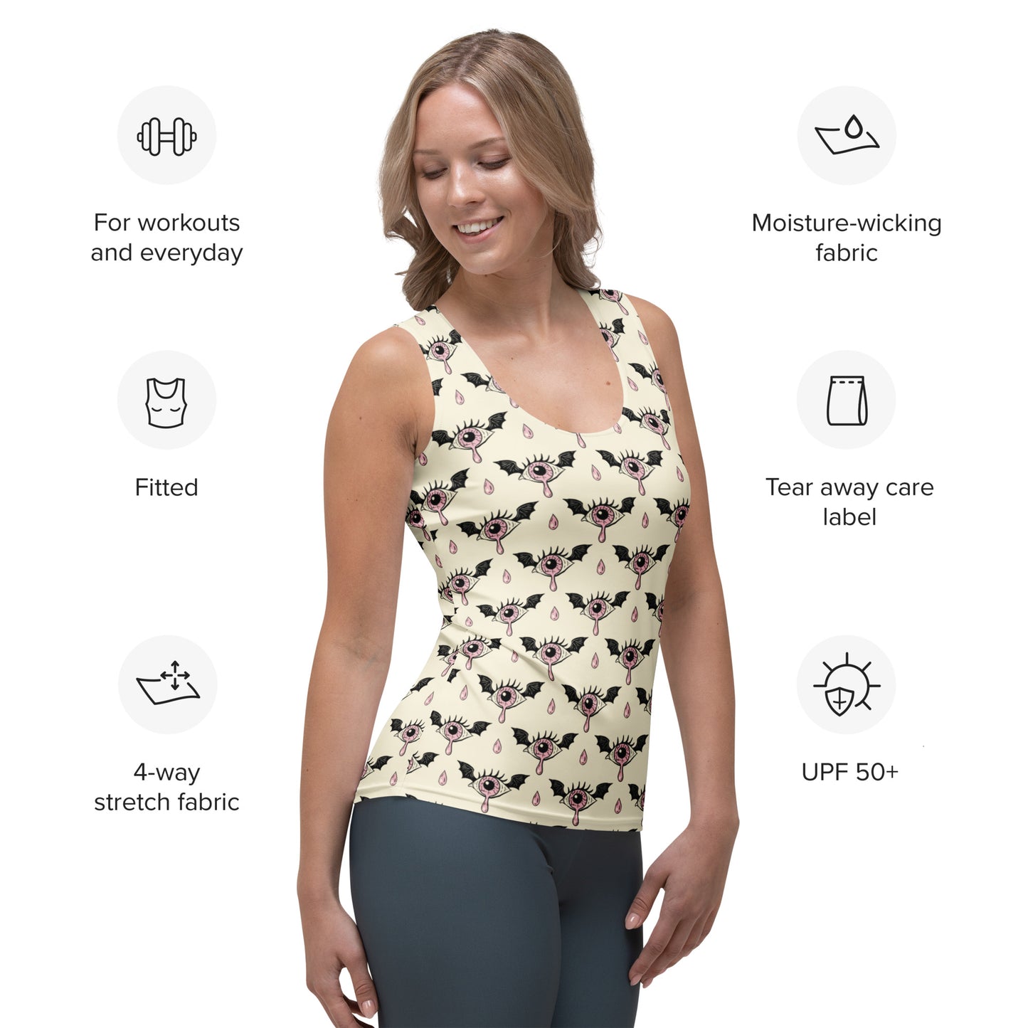 Women's Gothic Halloween Eyeball Bat Tank Top - Quick Drying, Buttery Soft Fabric With UPF 50+