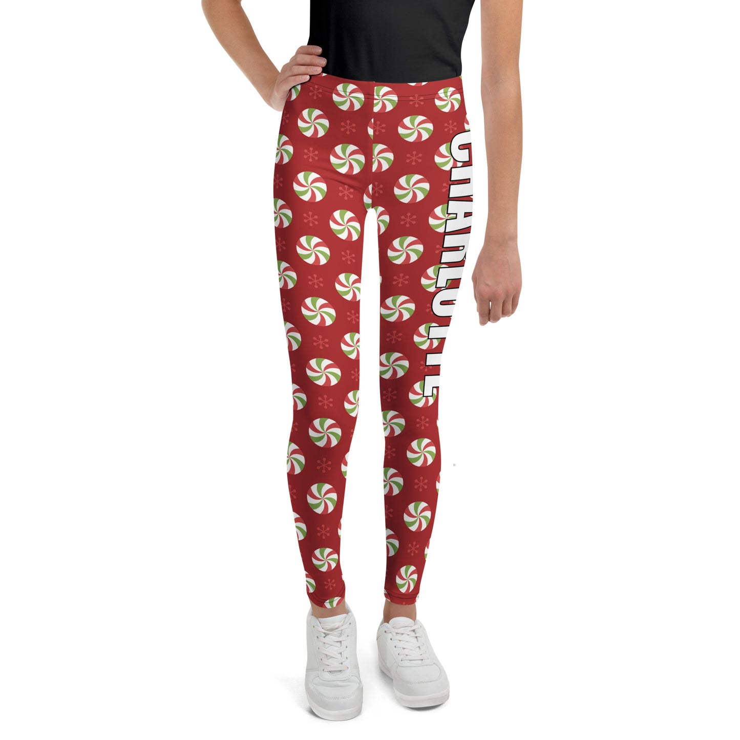 Girls Custom Name Christmas Peppermint Themed Buttery Soft Leggings