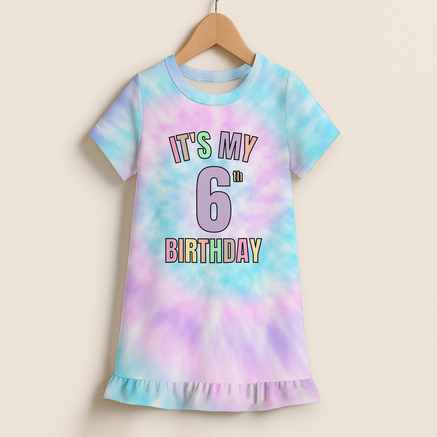 Girls Tie Dye Custom Age 'It's My Birthday' Short Sleeve Ruffle Hem Dress