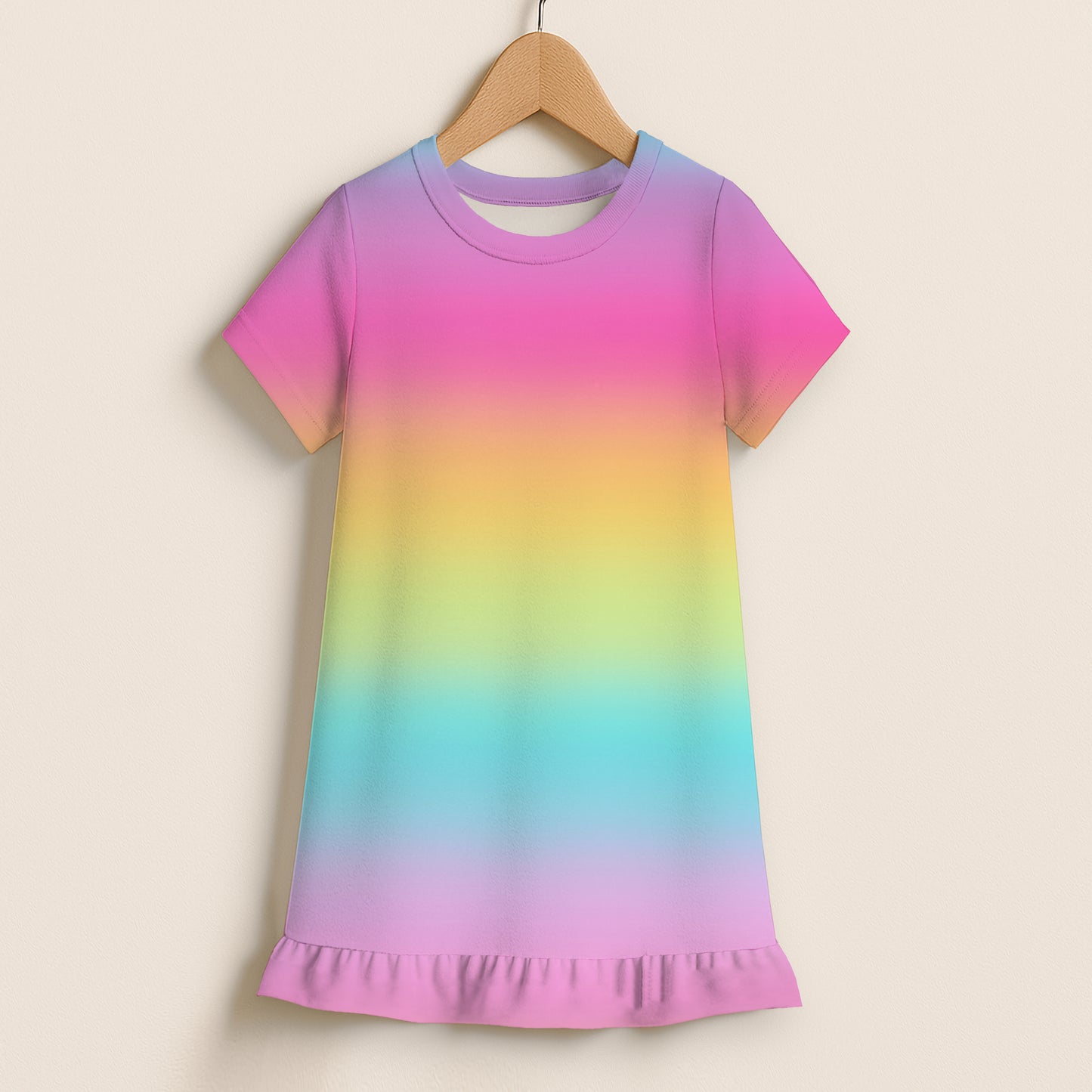Girls Bright Striped Rainbow Short Sleeve Ruffle Hem Dress