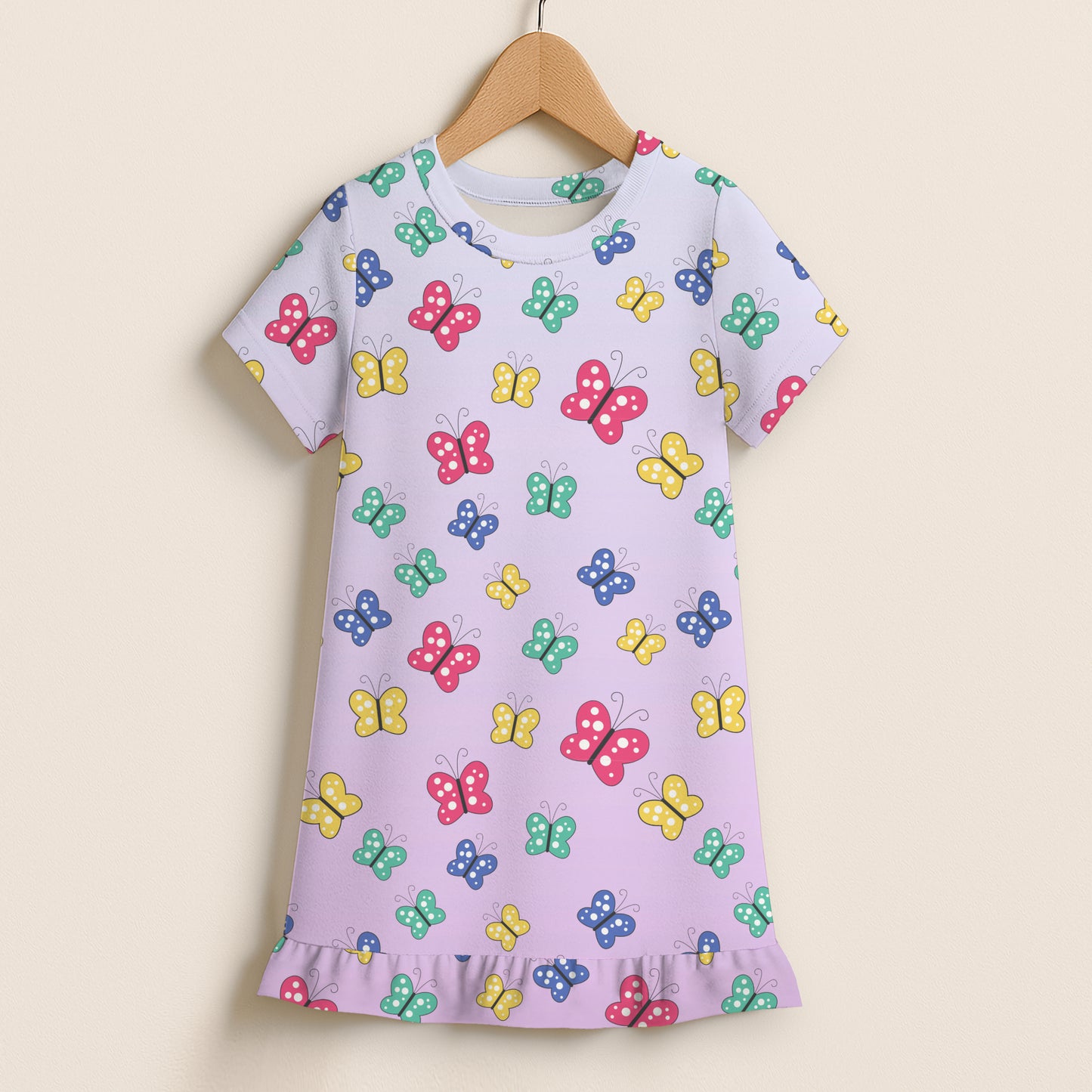 Girls Colorful Butterflies Short Sleeve Ruffle Hem Dress