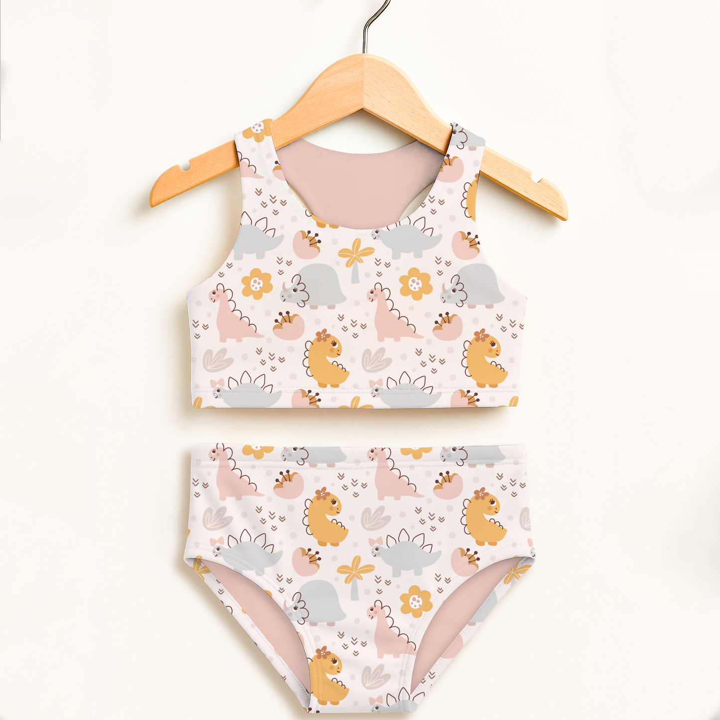 Girls Floral Dinosaur Two Piece Swimsuit – High Waisted, Double Layered Comfort