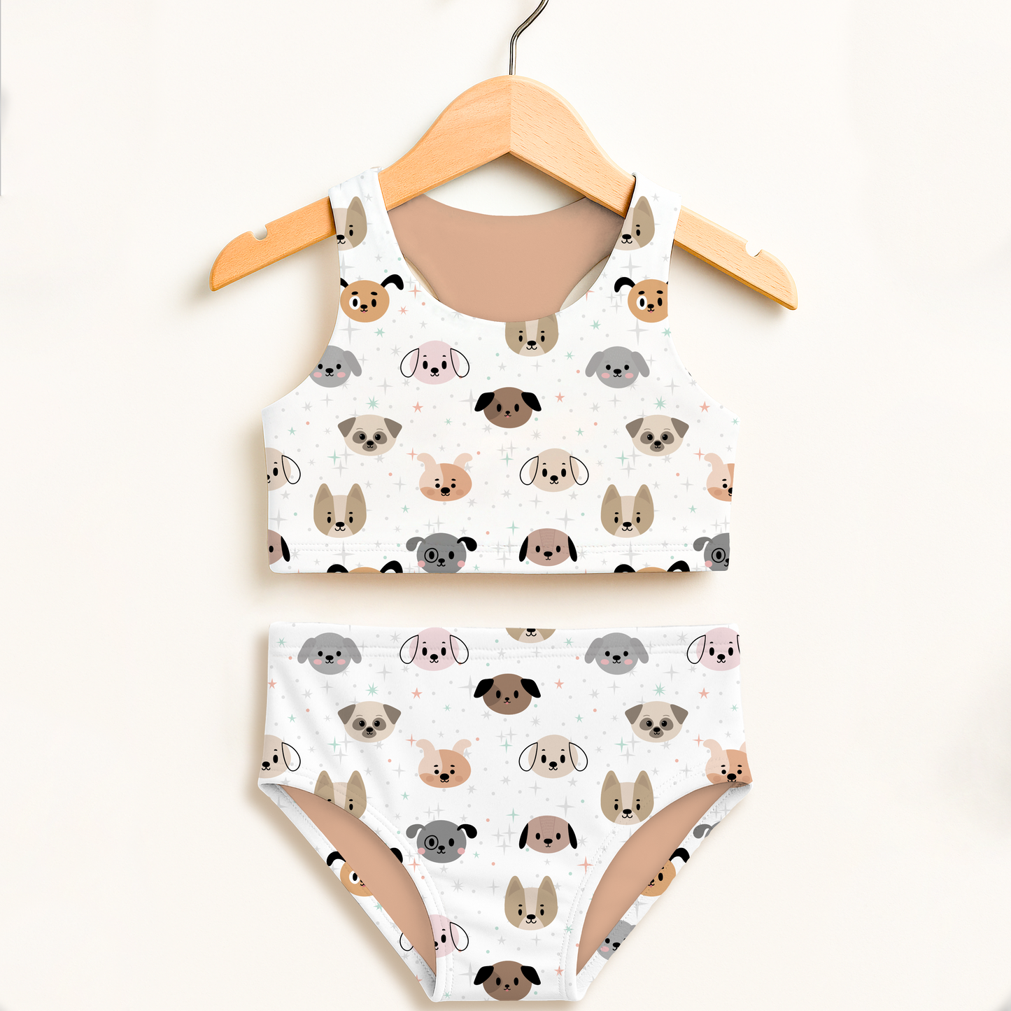Girls Dog Face Two Piece Swimsuit – High Waisted, Double Layered Comfort