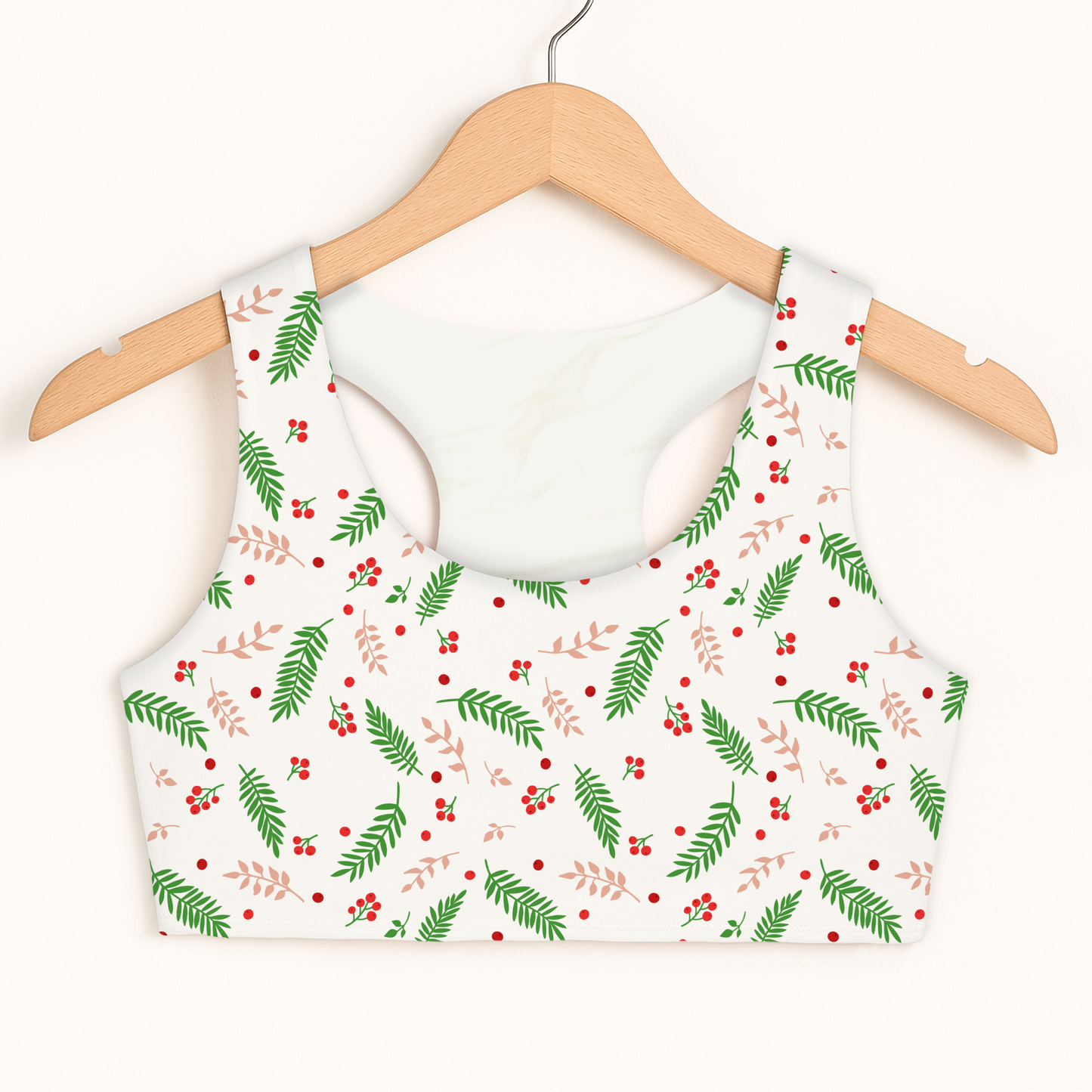 Girls Christmas Leaves Sports Bra — Quick Drying, Double Layered Comfort