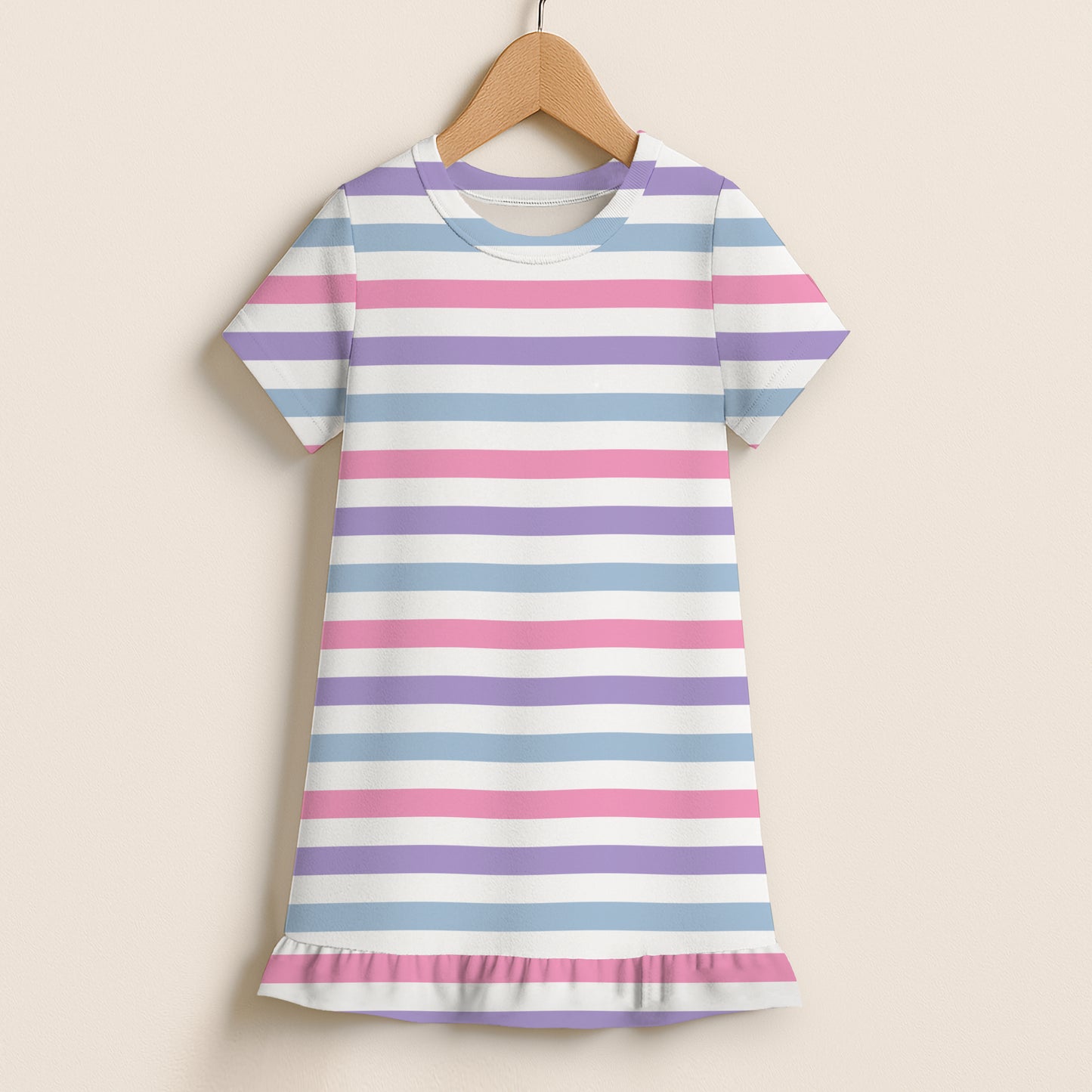 Girls Pastel Stripes Short Sleeve Ruffle Hem Dress