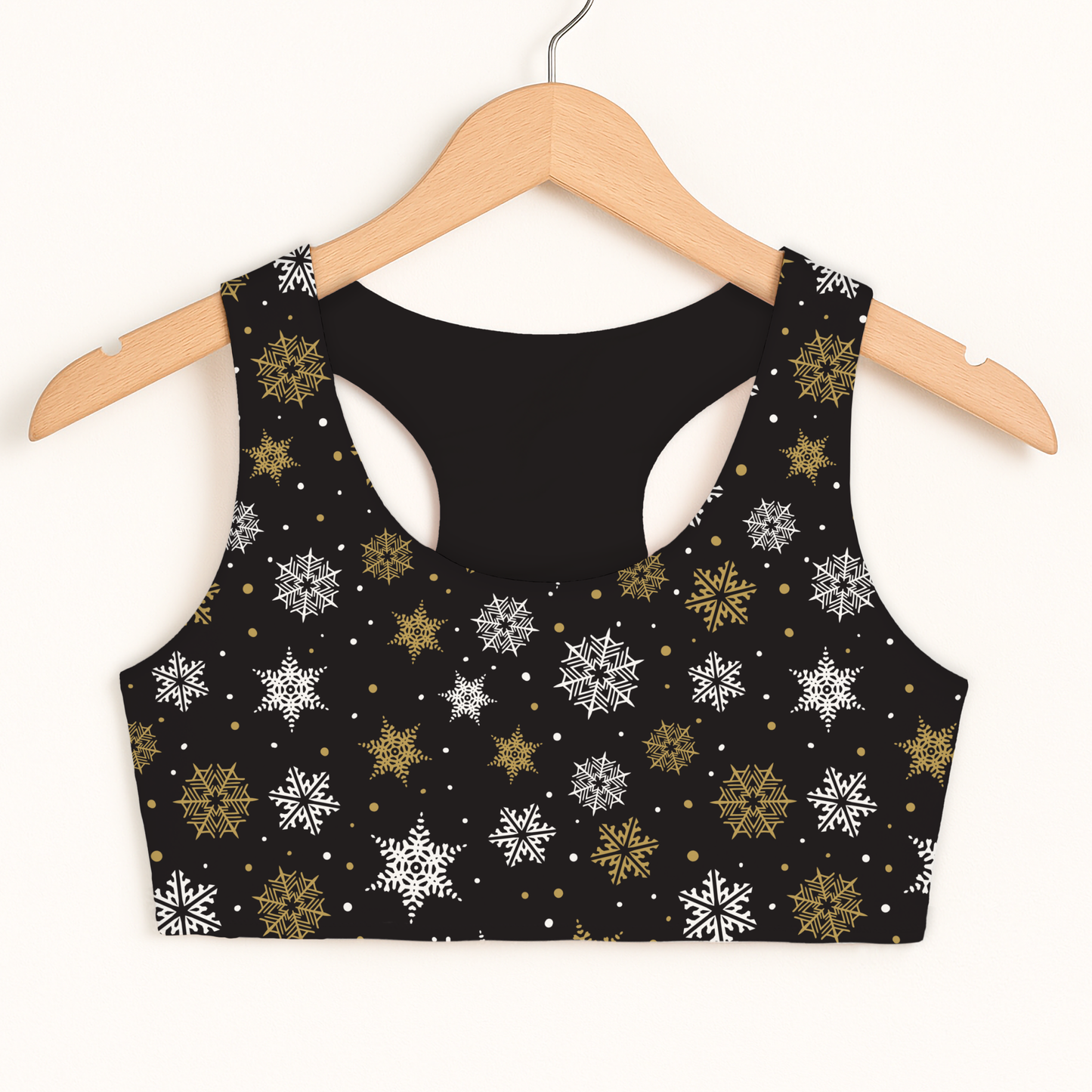 Girls Gold and White Snowflake Sports Bra — Quick Drying, Double Layered Comfort