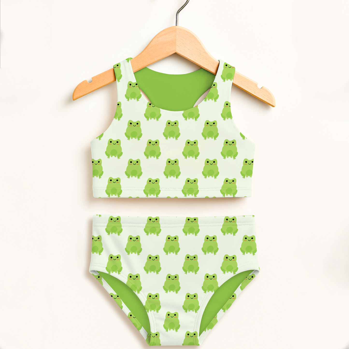 Girls Green Frog Two Piece Swimsuit – High Waisted, Double Layered Comfort