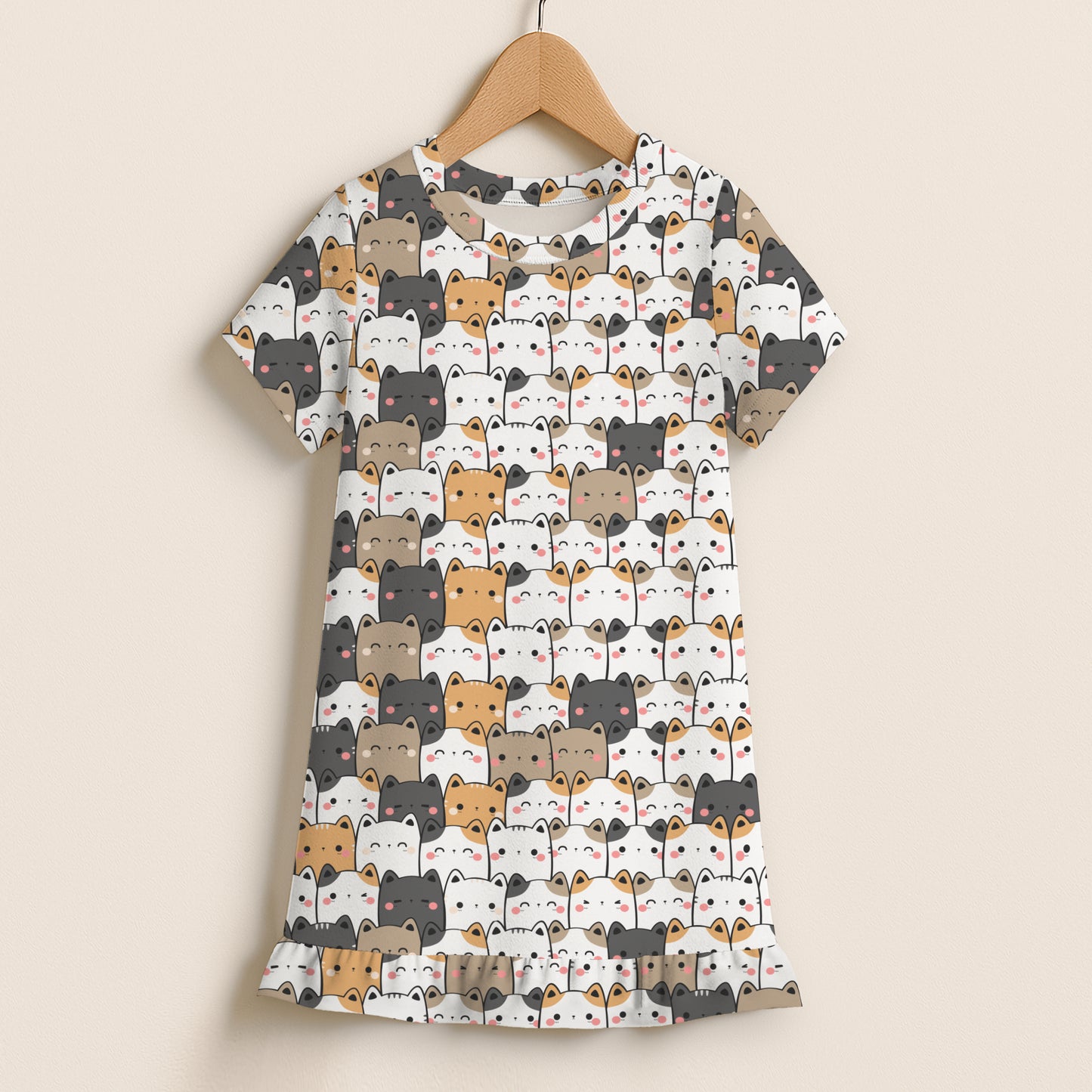 Girls Kawaii Cats Short Sleeve Ruffle Hem Dress
