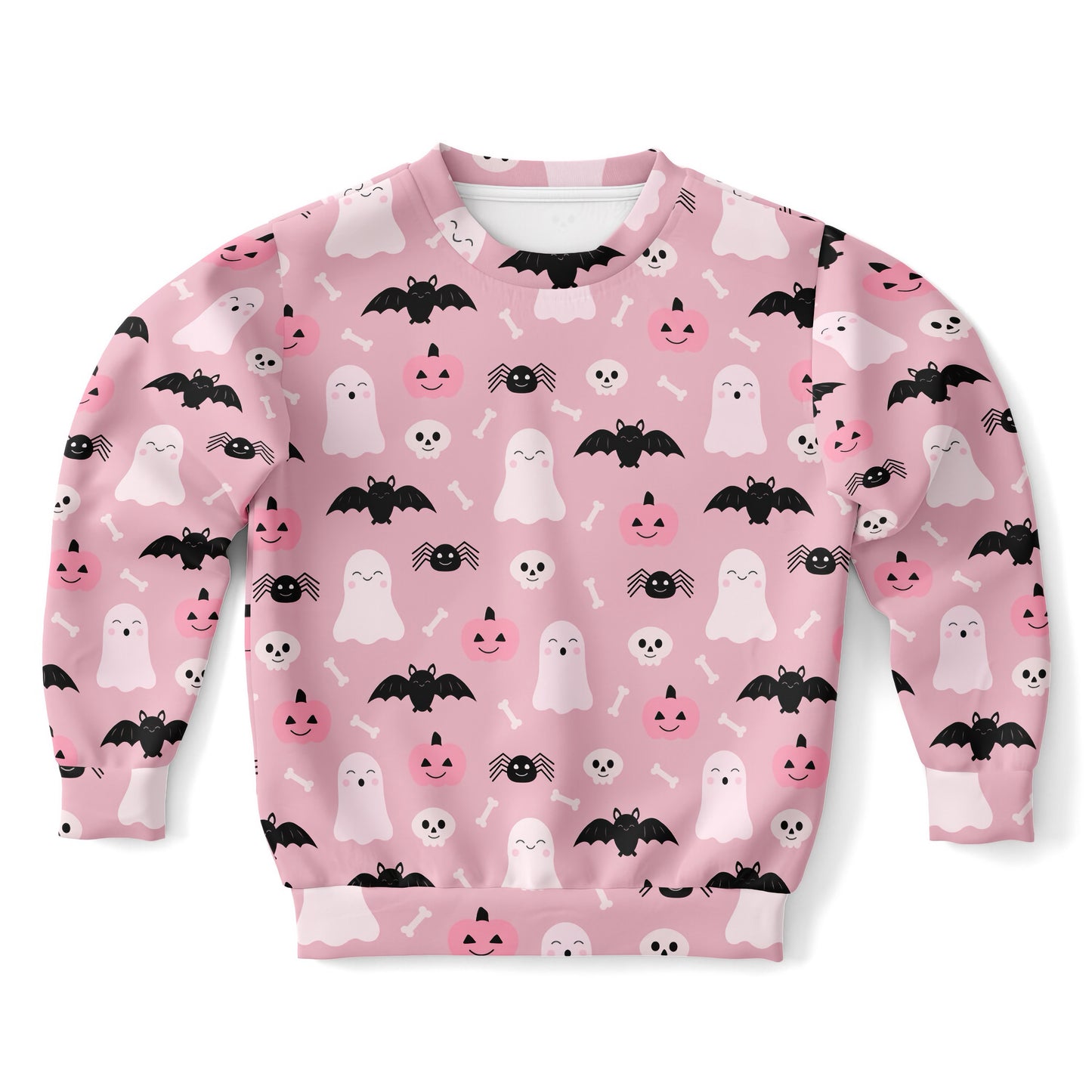 Girls Cute Ghost And Bats Pink Halloween Sweatshirt – Cozy Cotton Fleece or Lightweight Sports Fabric