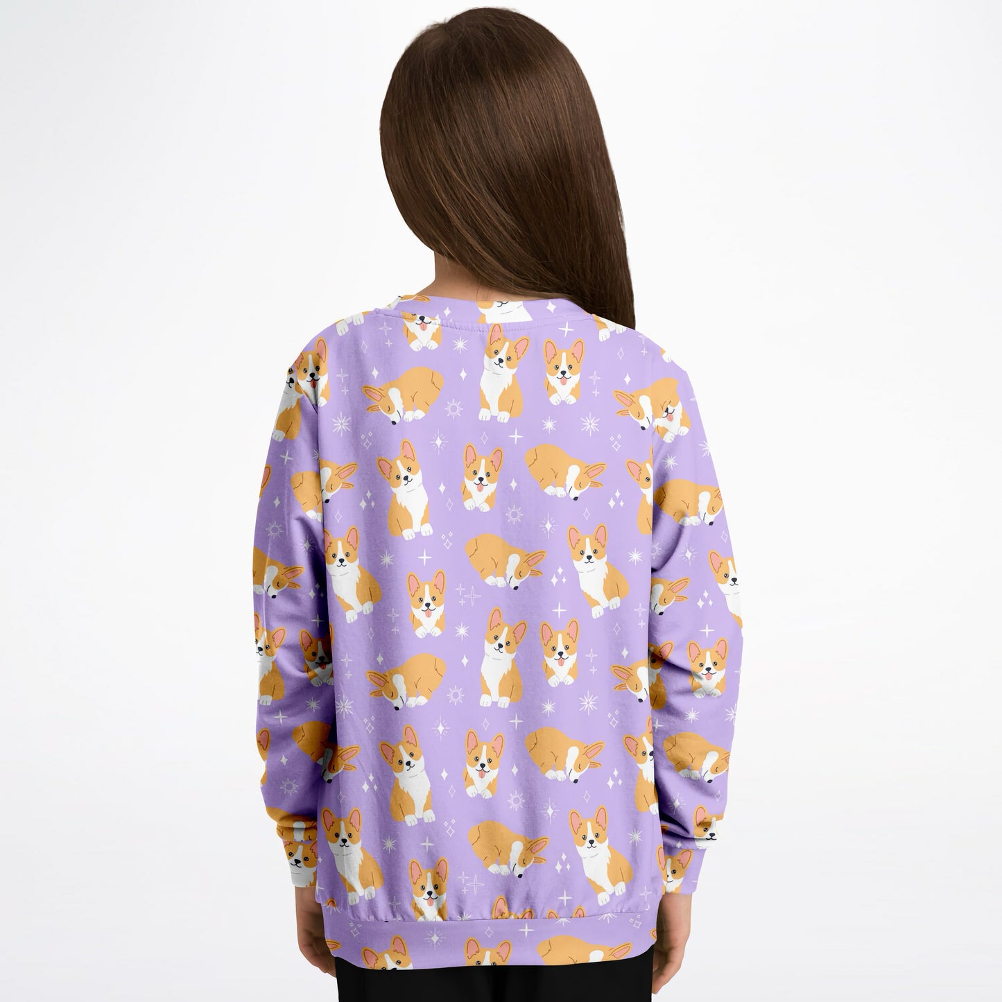 Girls Purple Corgi Dog Sweatshirt – Cozy Cotton Fleece or Lightweight Sports Fabric