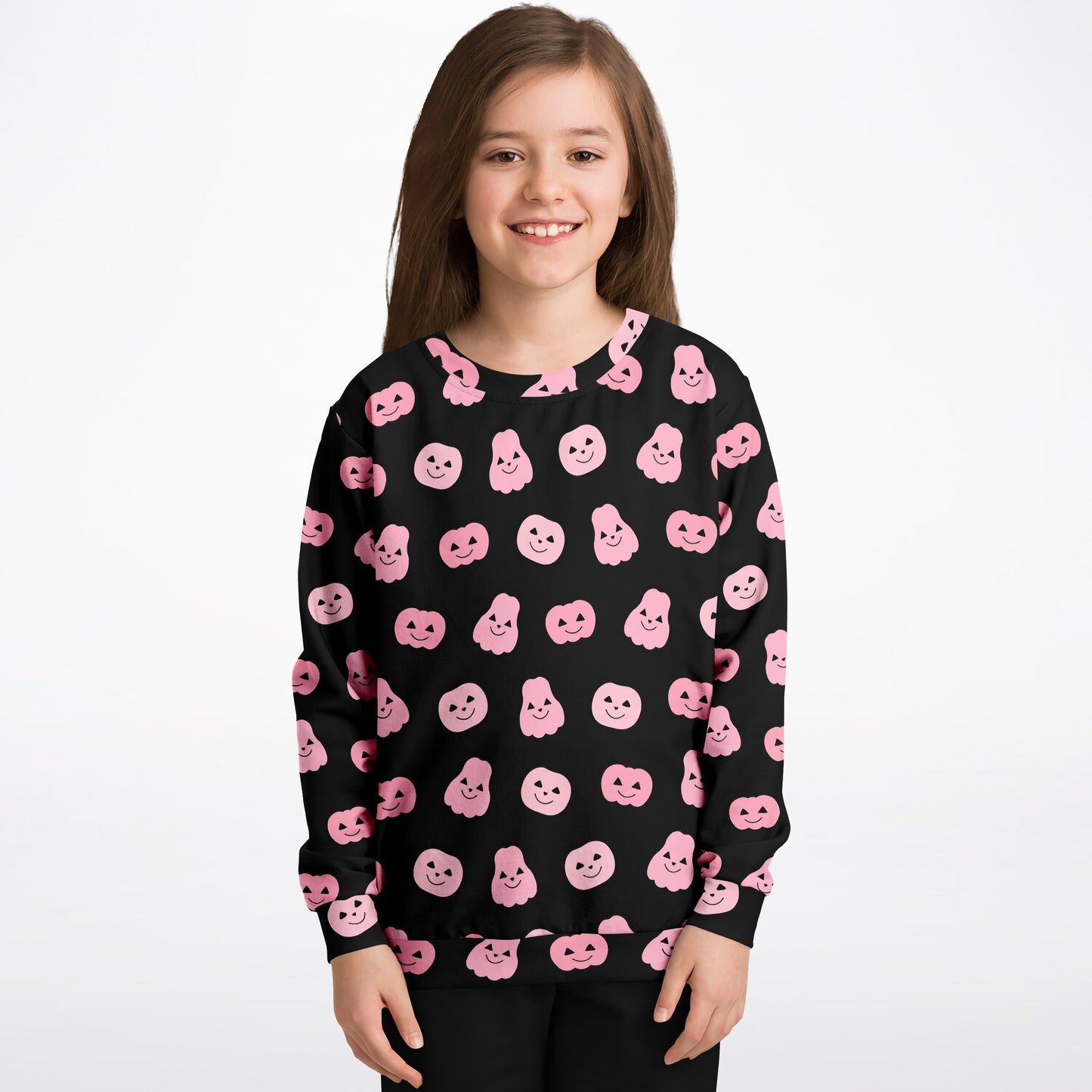 Girls Pink Pumpkins Halloween Sweatshirt – Cozy Cotton Fleece or Lightweight Sports Fabric