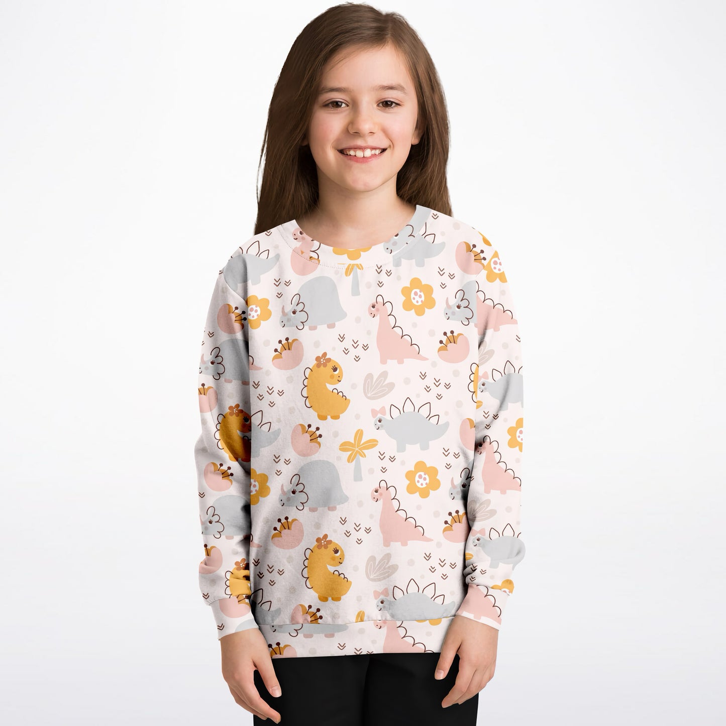 Girls Floral Dinosaur Sweatshirt – Cozy Cotton Fleece or Lightweight Sports Fabric