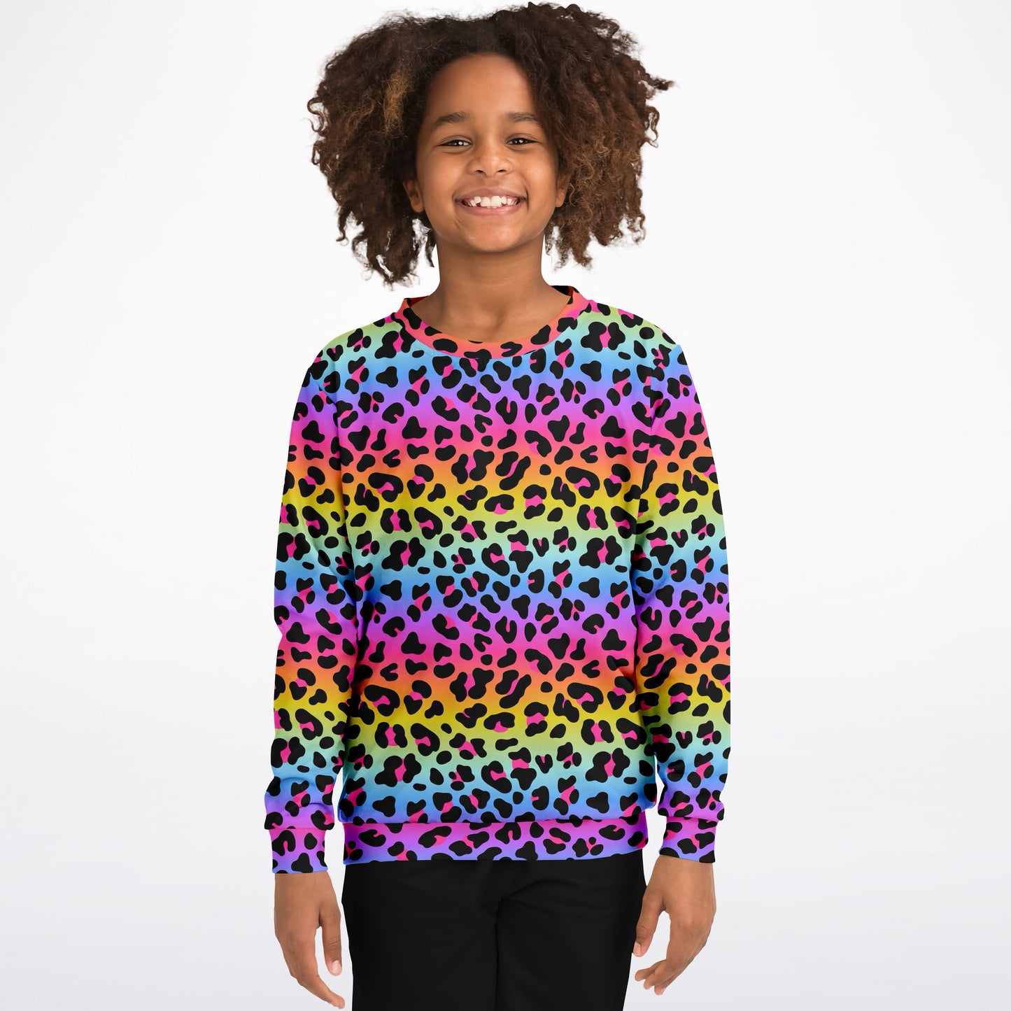 Girls Rainbow Leopard Sweatshirt – Cozy Cotton Fleece or Lightweight Sports Fabric