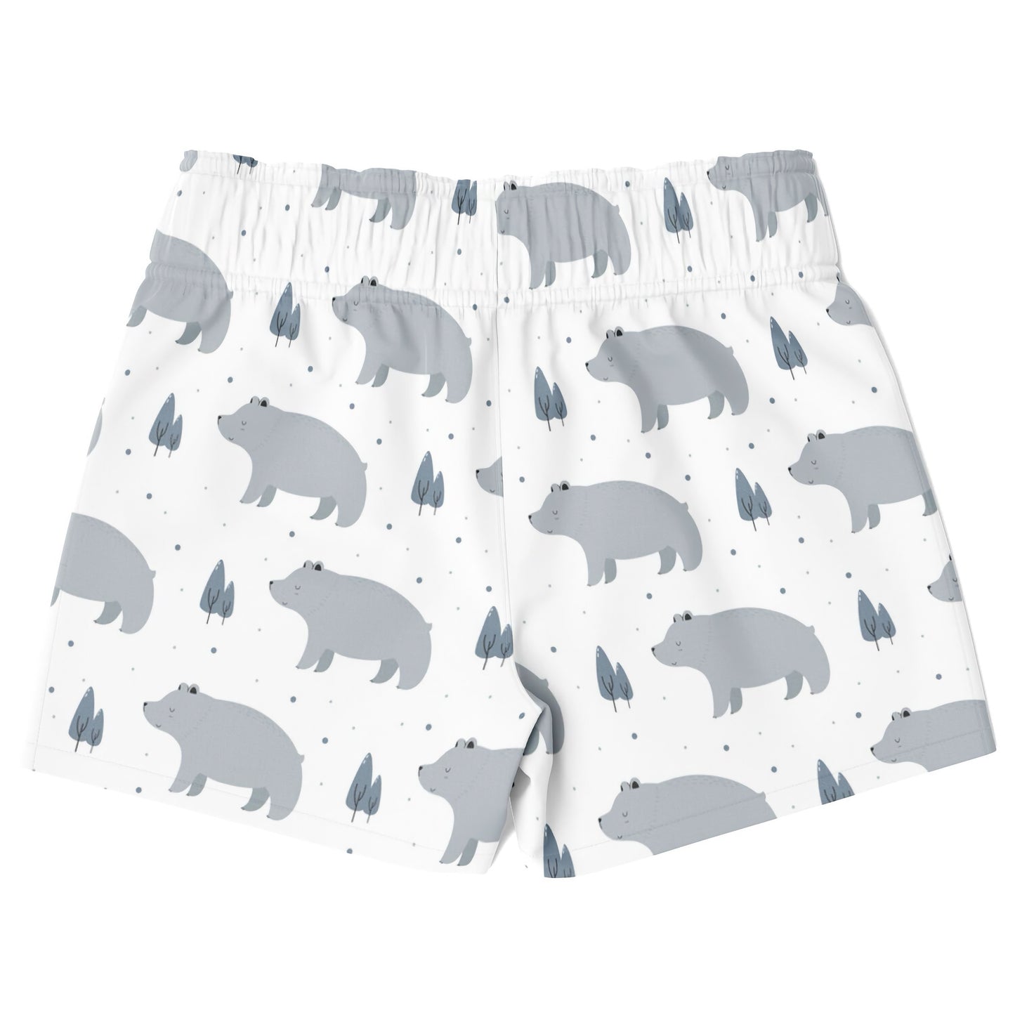 Swim shorts with bear pattern on a white background