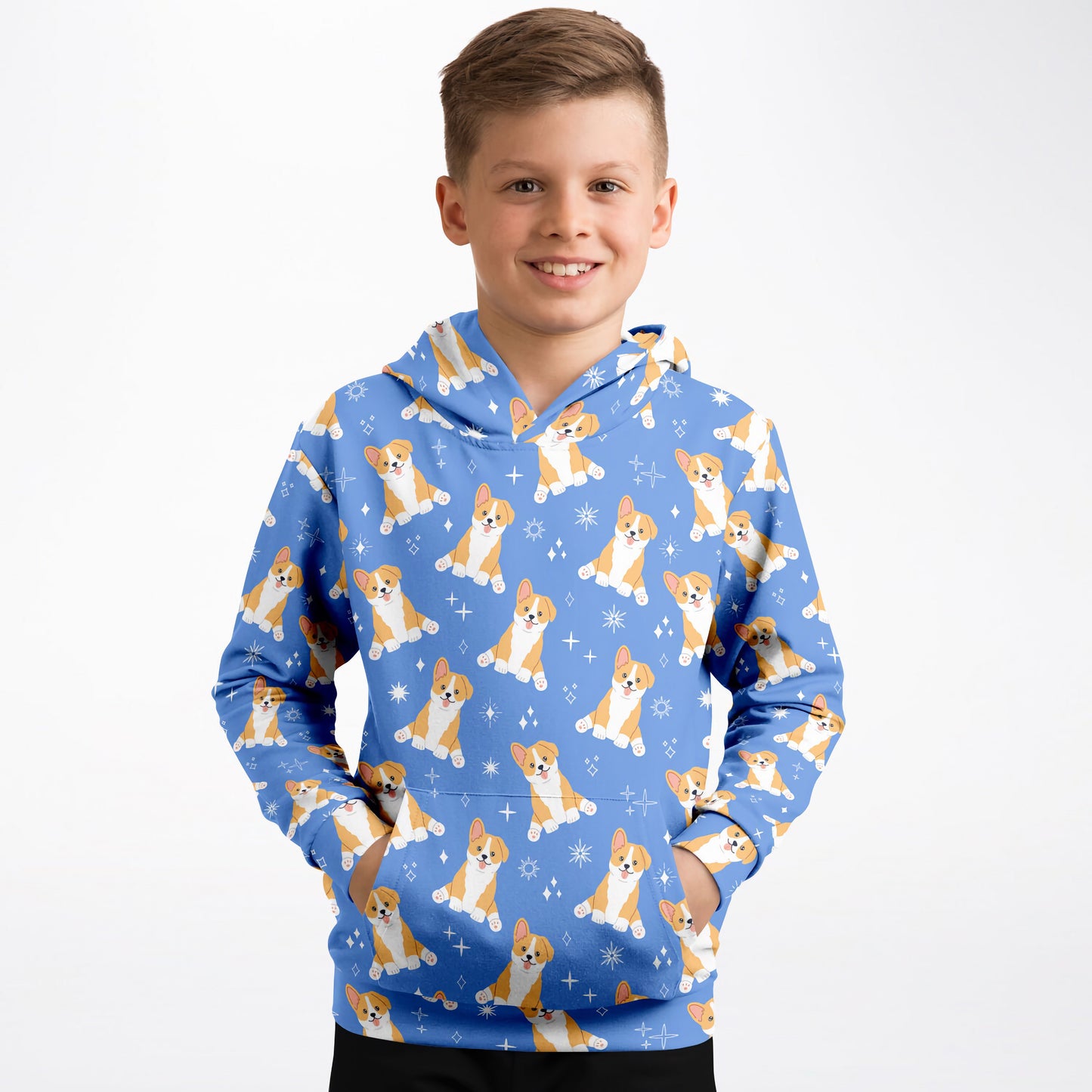 Kids Corgi Dog Hoodie – Cozy Cotton Fleece or Lightweight Sports Fabric