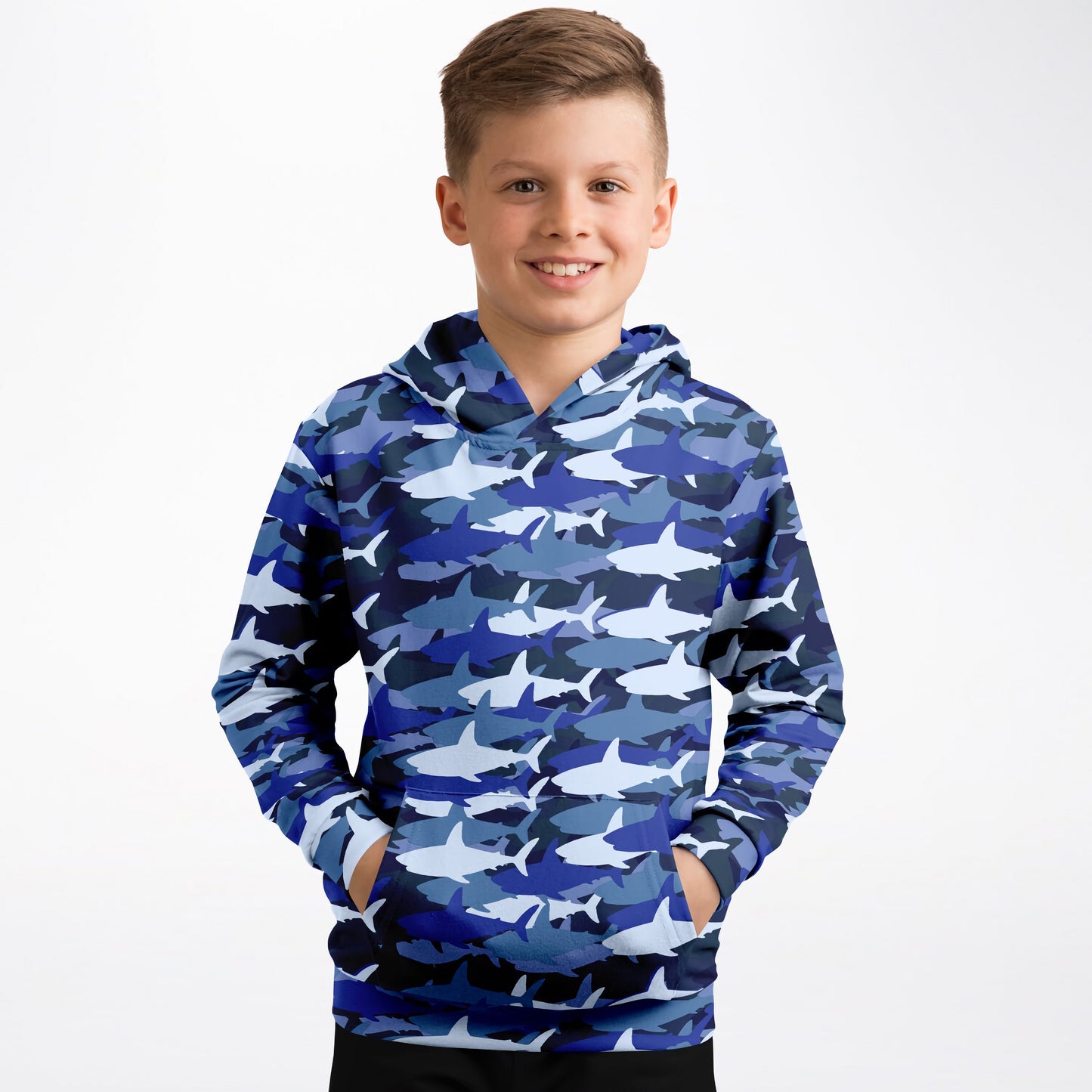 Kids Blue Shark Hoodie – Cozy Cotton Fleece or Lightweight Sports Fabric