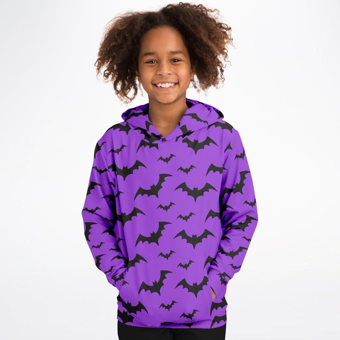 Kids Purple Bats Halloween Hoodie – Cozy Cotton Fleece or Lightweight Sports Fabric