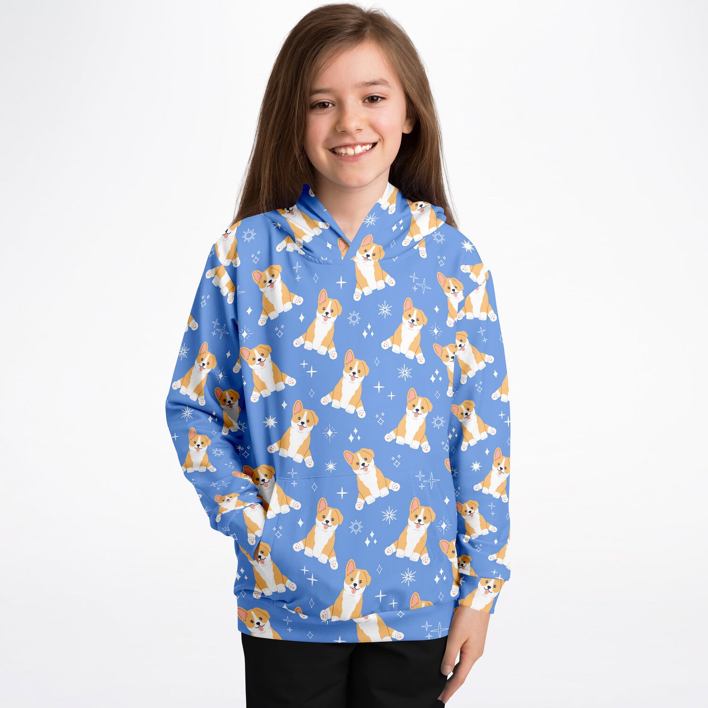 Kids Corgi Dog Hoodie – Cozy Cotton Fleece or Lightweight Sports Fabric