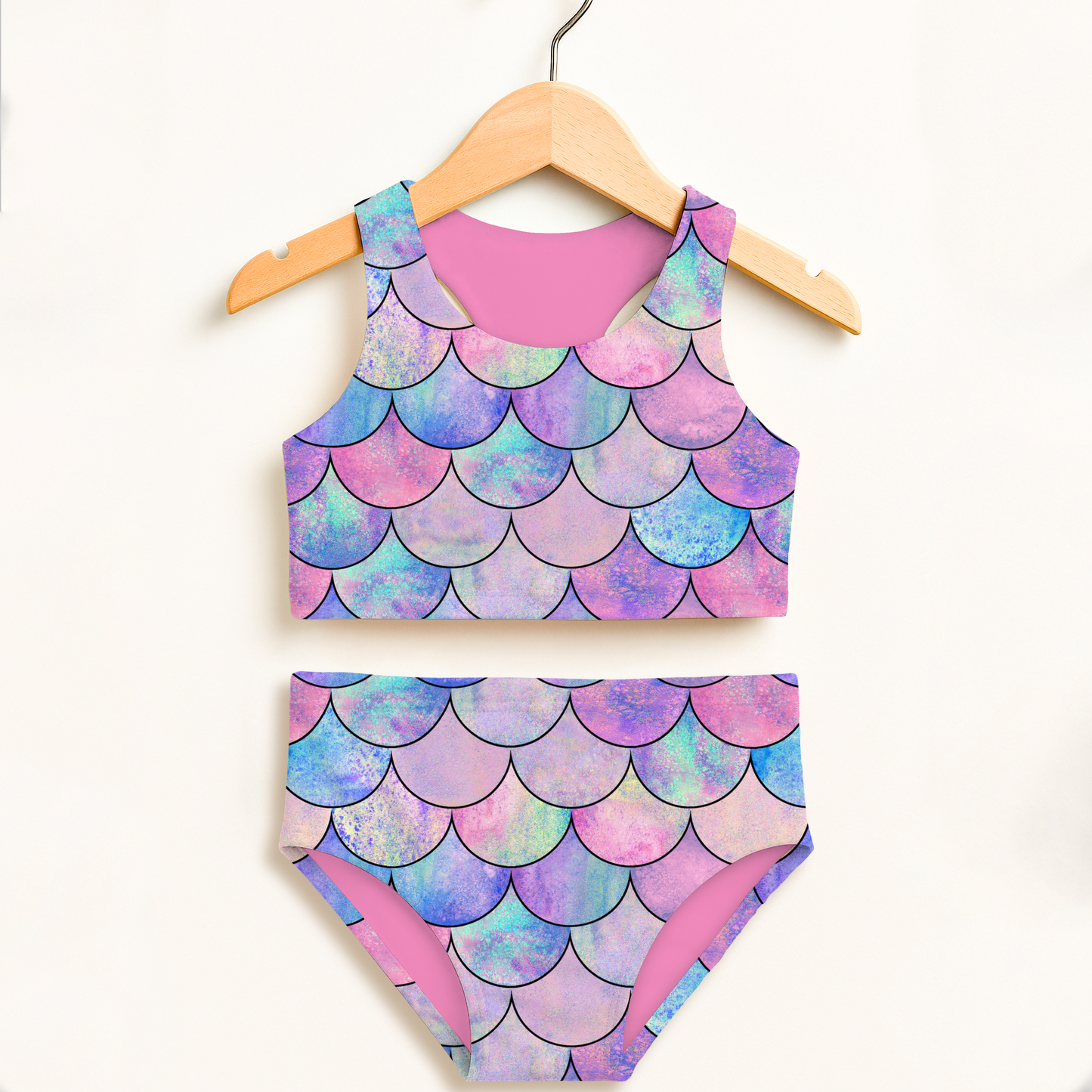 Girls Pastel Mermaid Scales Halloween Two Piece Swimsuit – High Waisted, Double Layered Comfort