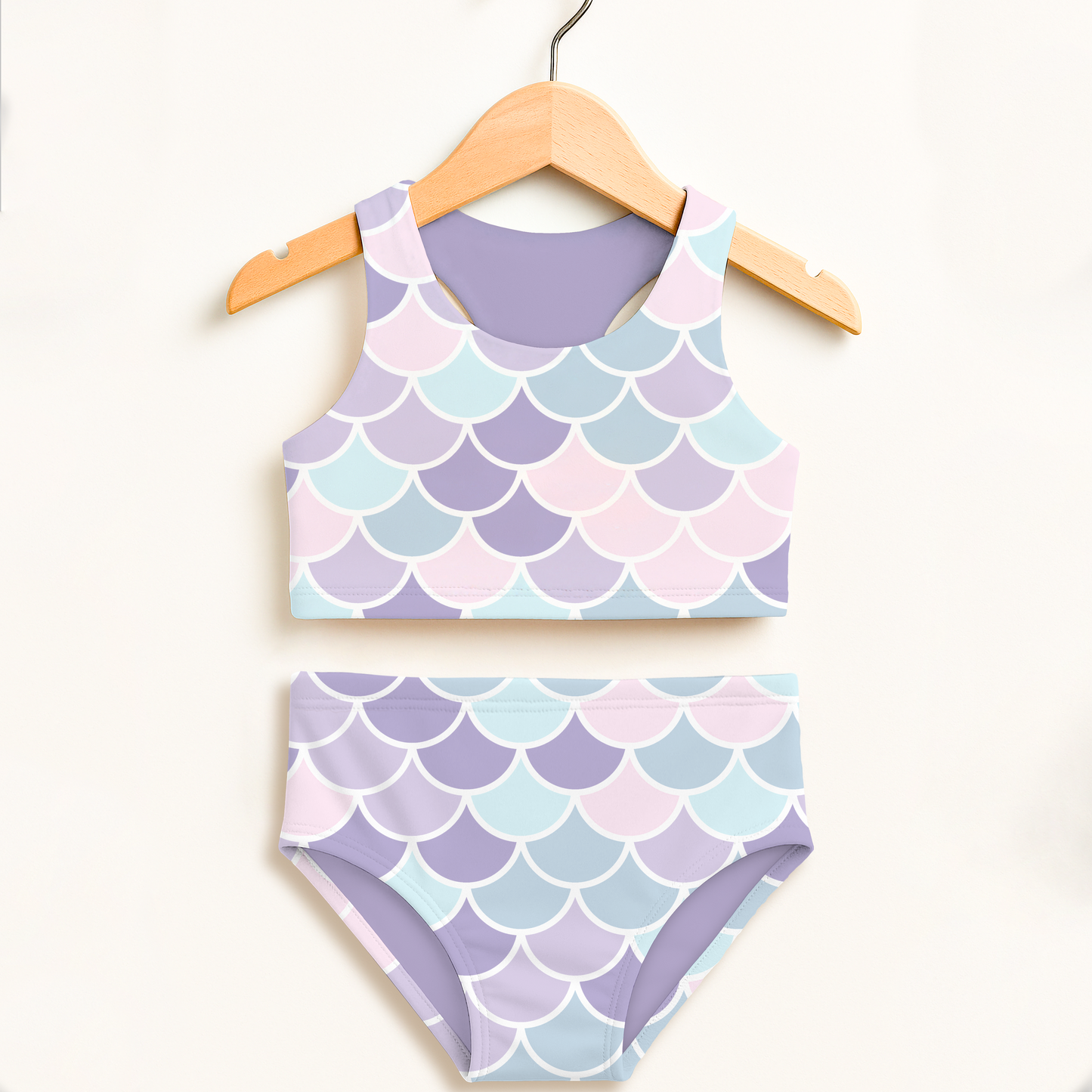 Girls Pastel Mermaid Scale Two Piece Swimsuit – High Waisted, Double Layered Comfort