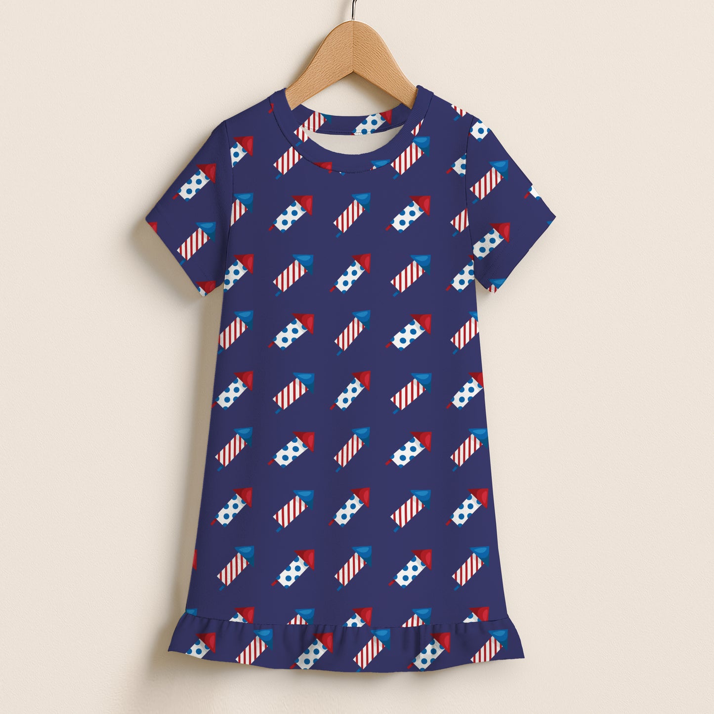 Girls Fireworks Rockets 4th Of July USA Short Sleeve Ruffle Hem Dress