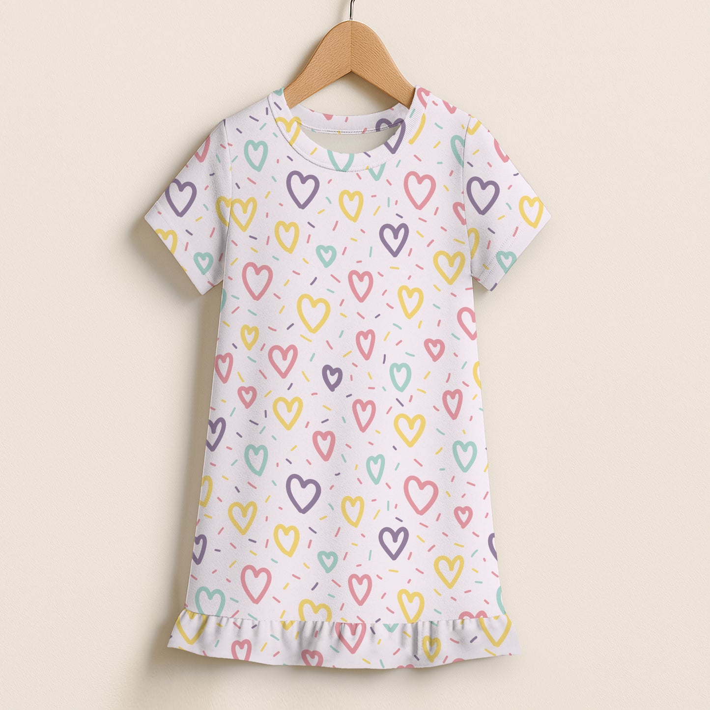 Girls Rainbow Hearts & Sprinkles Short Sleeve Ruffle Hem Dress