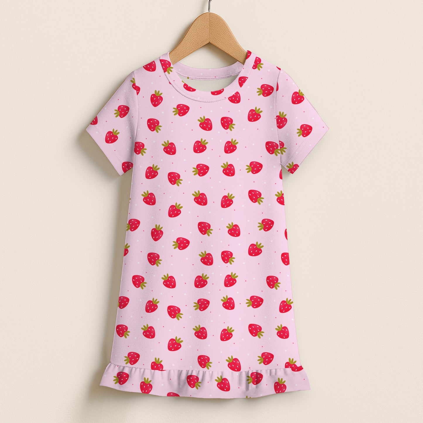 Girls Strawberry Print Short Sleeve Ruffle Hem Dress